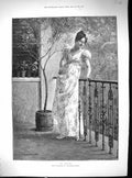 Old Print 1893 Balcony Scene Beautiful Woman Dress Au Revoir Hanfstaengl 19th