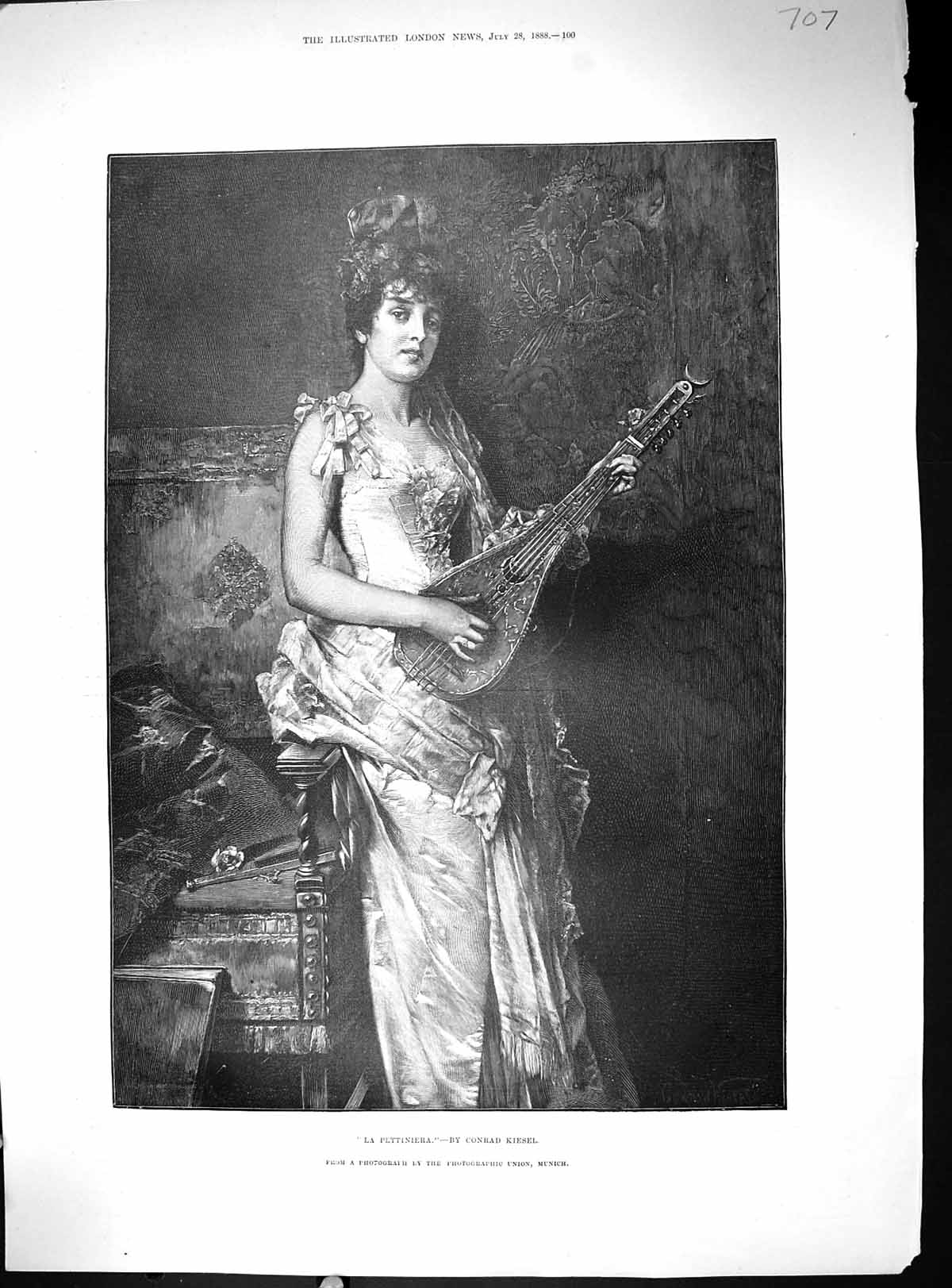 Old Antique Print 1888 Beautiful Woman Music La Pettiniera Conrad Kiesel 19th