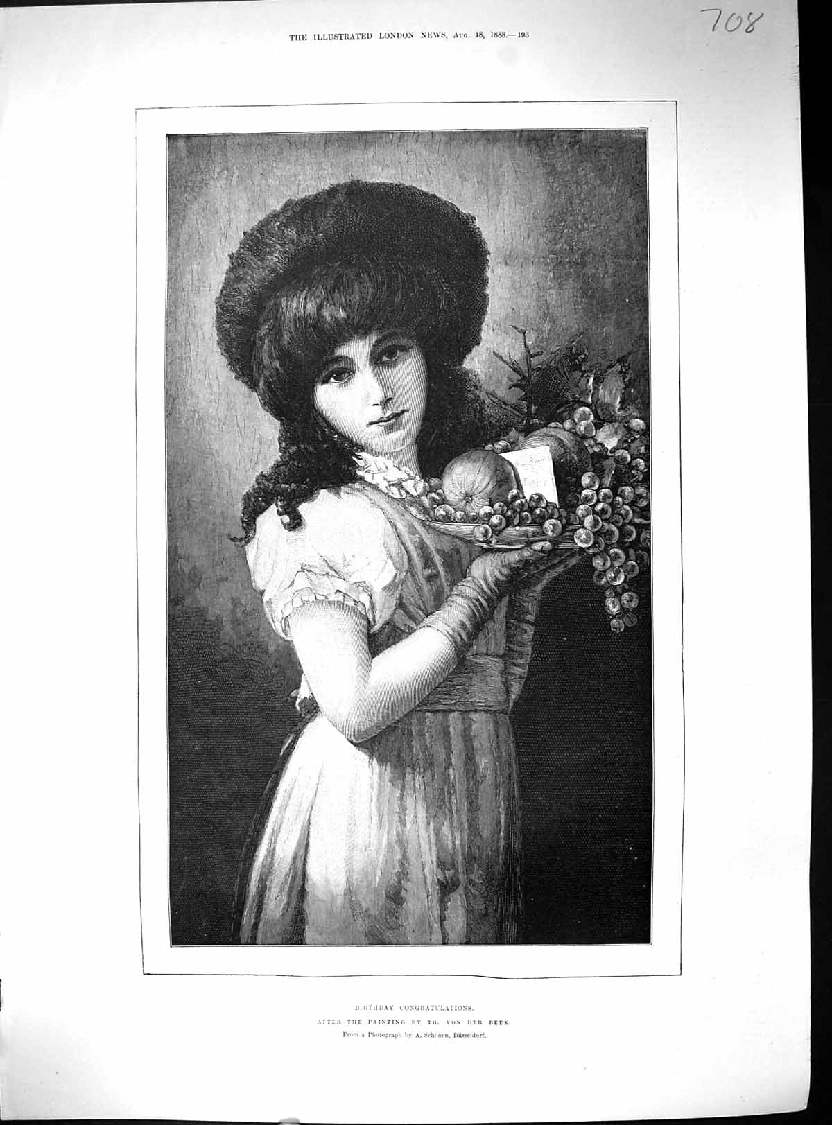Antique Old Print Birthday Congratulations Young Girl Fruit 1888 Von Der Beek