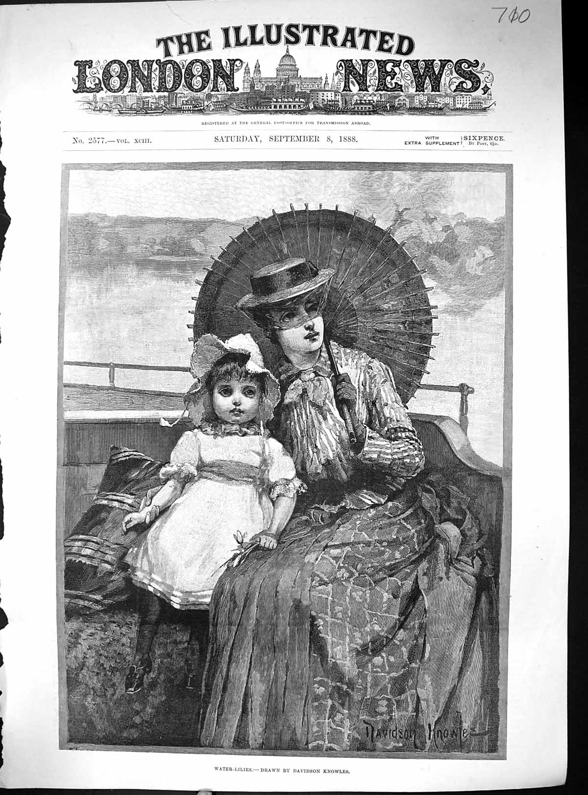 Antique Print Water-Lilies Mother Young Girl Parasol 1888 Davidson Knowles 19th