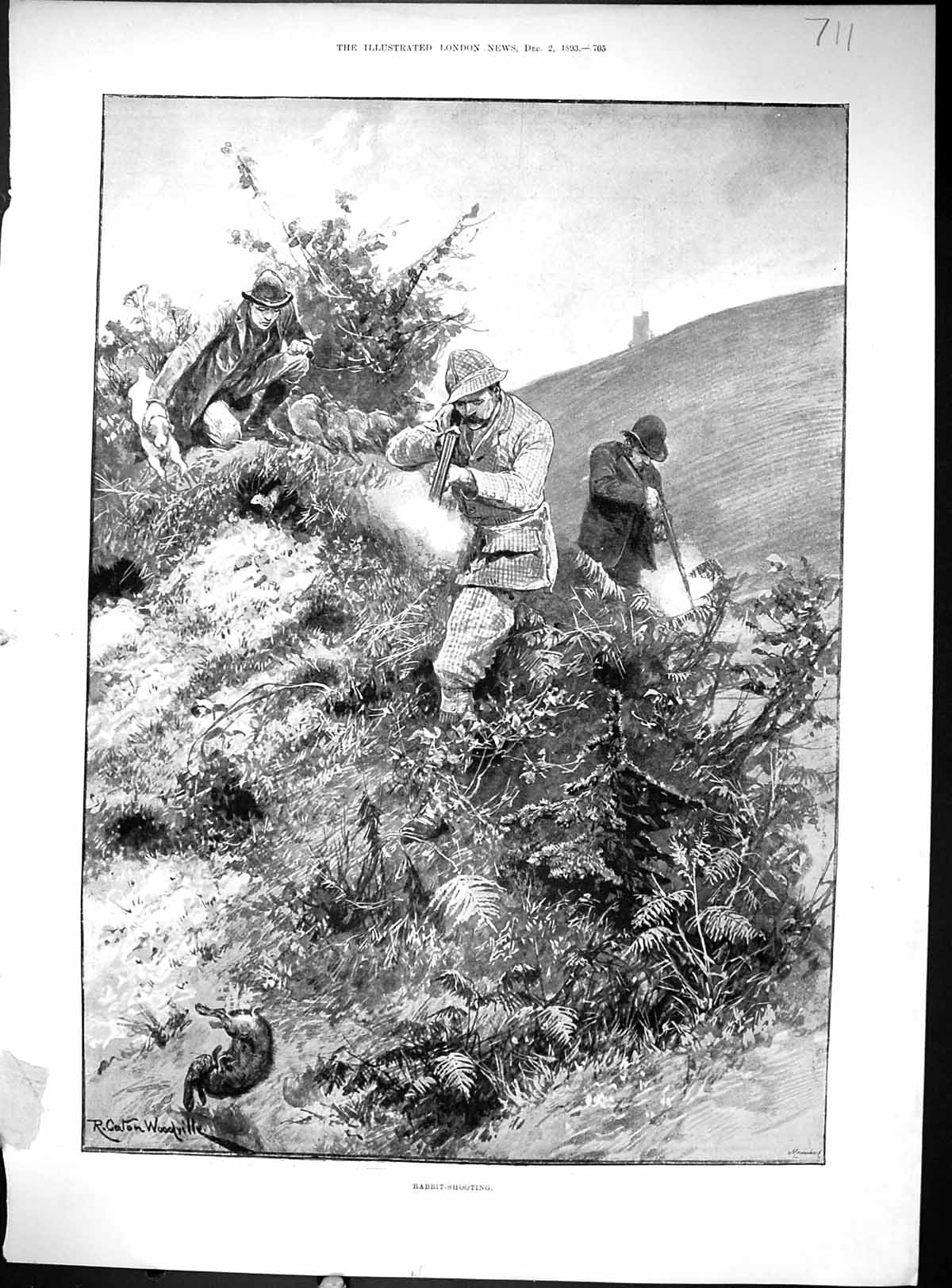 Old Antique Print 1893 Rabbit Shooting Men Hunting Sport Canton Woodville 19th