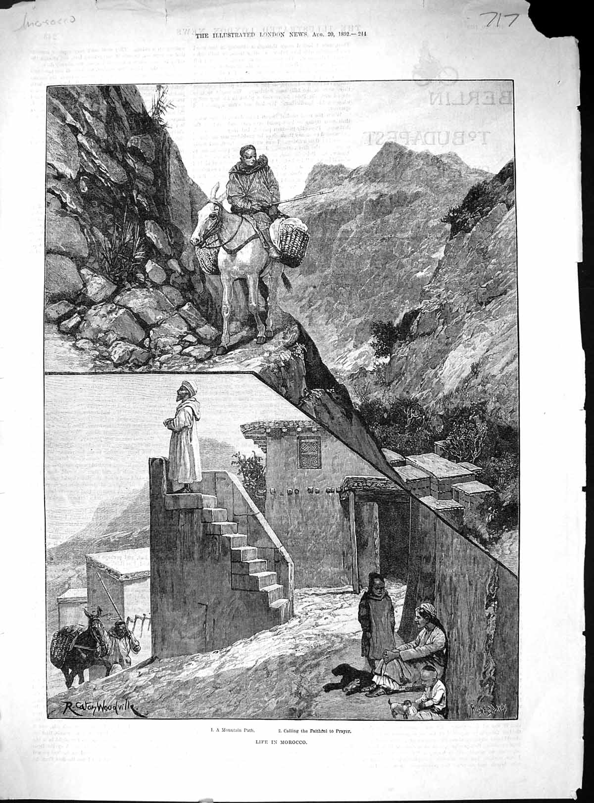 Antique Old Print 1892 Morocco Life Mountain Path Man Calling Faithful Prayer