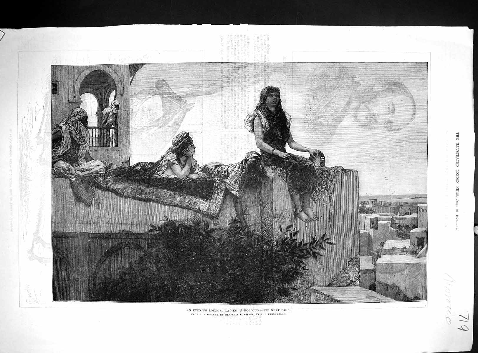 Original Old Antique Print Evening Lounge Ladies Morocco Africa 1879 Victorian