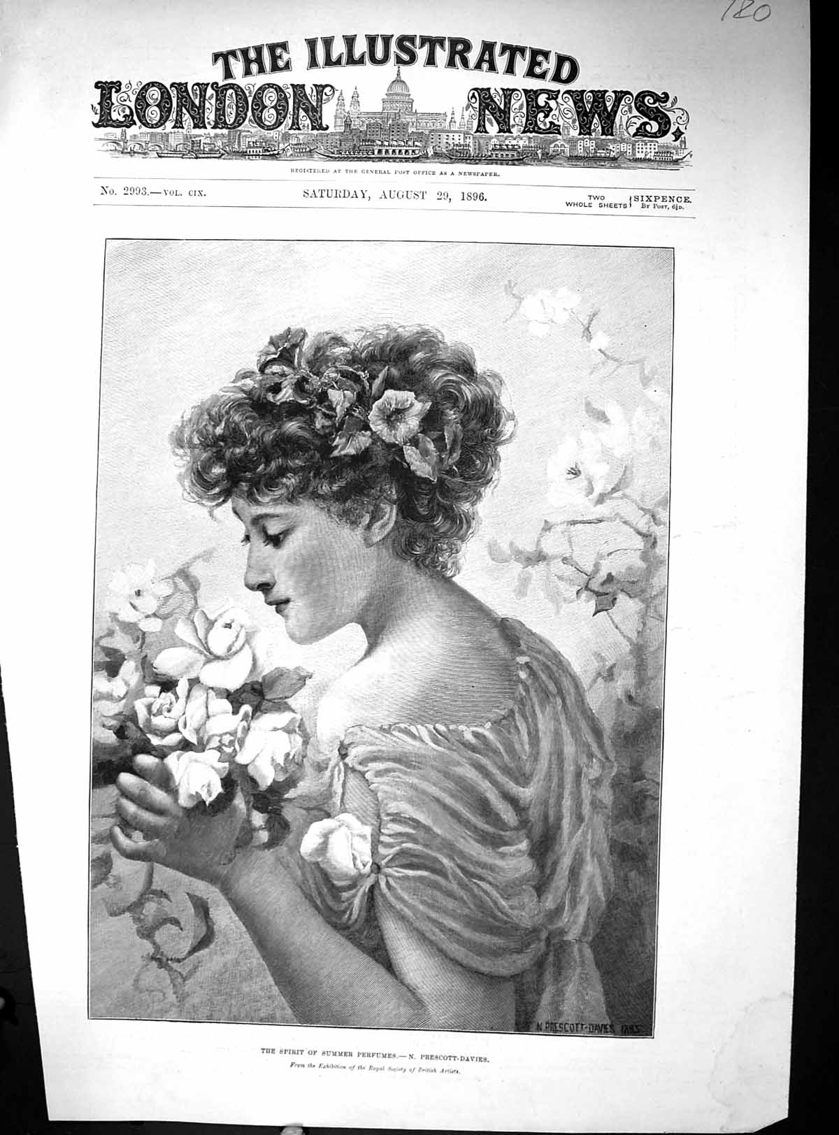 Old 1896 Spirit Summer Perfumes Lady Smelling Flowers Prescott-Davies Victorian
