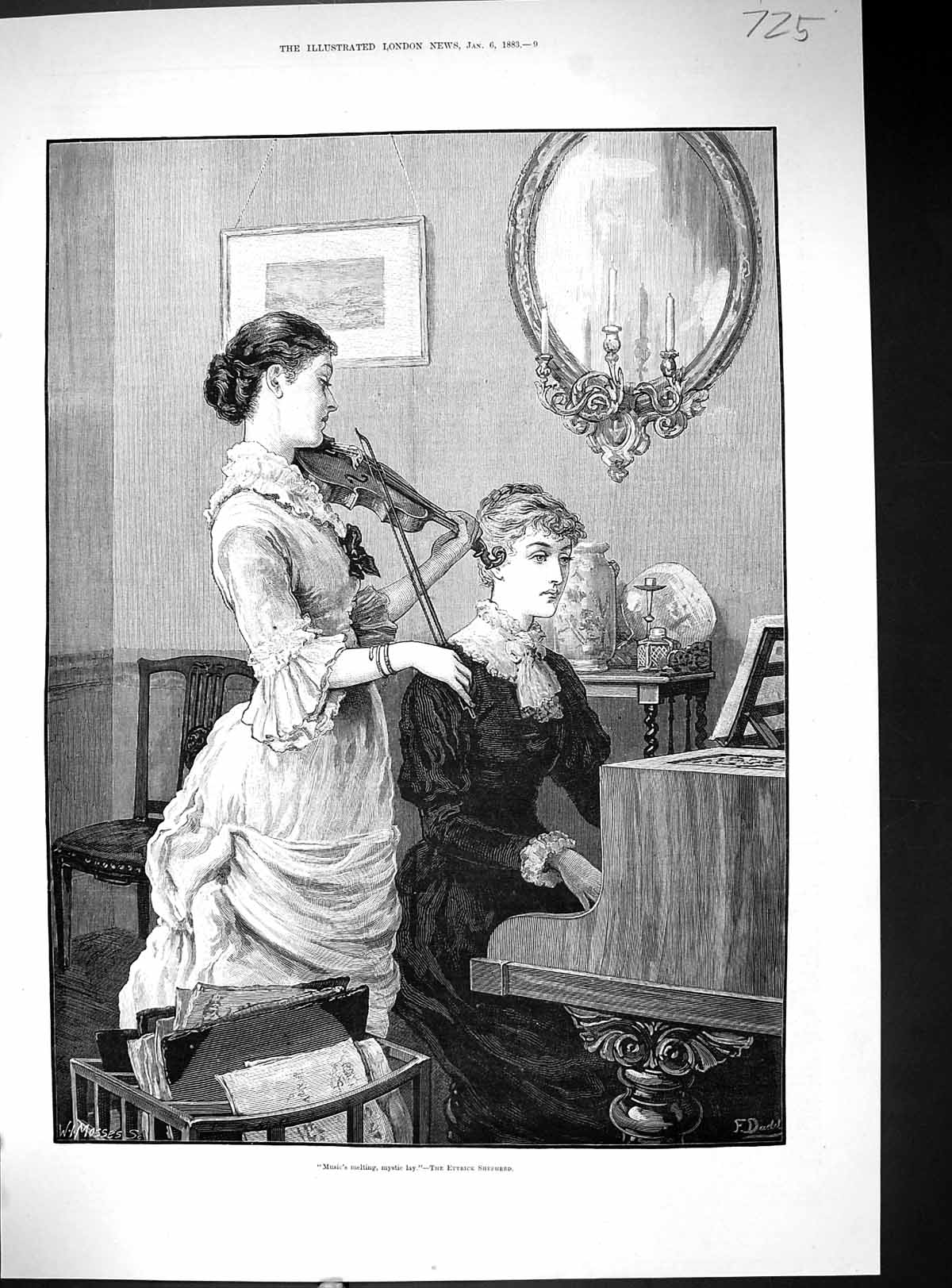 Old Antique Print 1883 Ladies Playing Piano Violin Music Ettrick Shepherd 19th