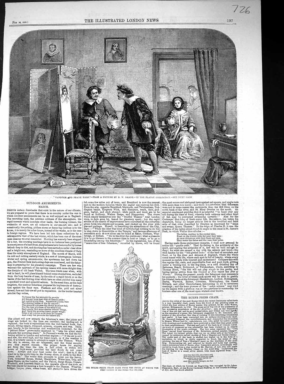 Antique Old Print Vandyke Frank Hals Art 1859 Poet Robert Burns Press Chair