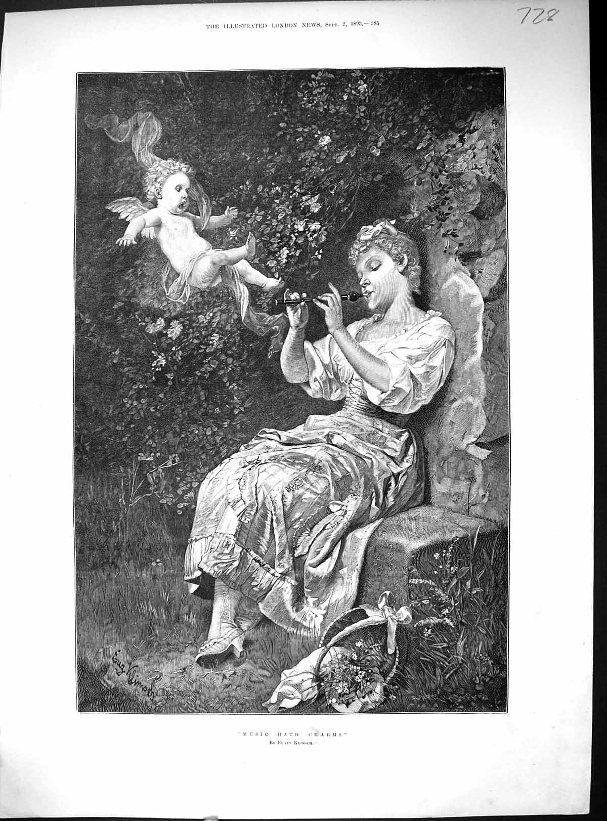 Antique Old Print 1893 Beautiful Woman Cherub Music Hath Charms Eugen Klimsch