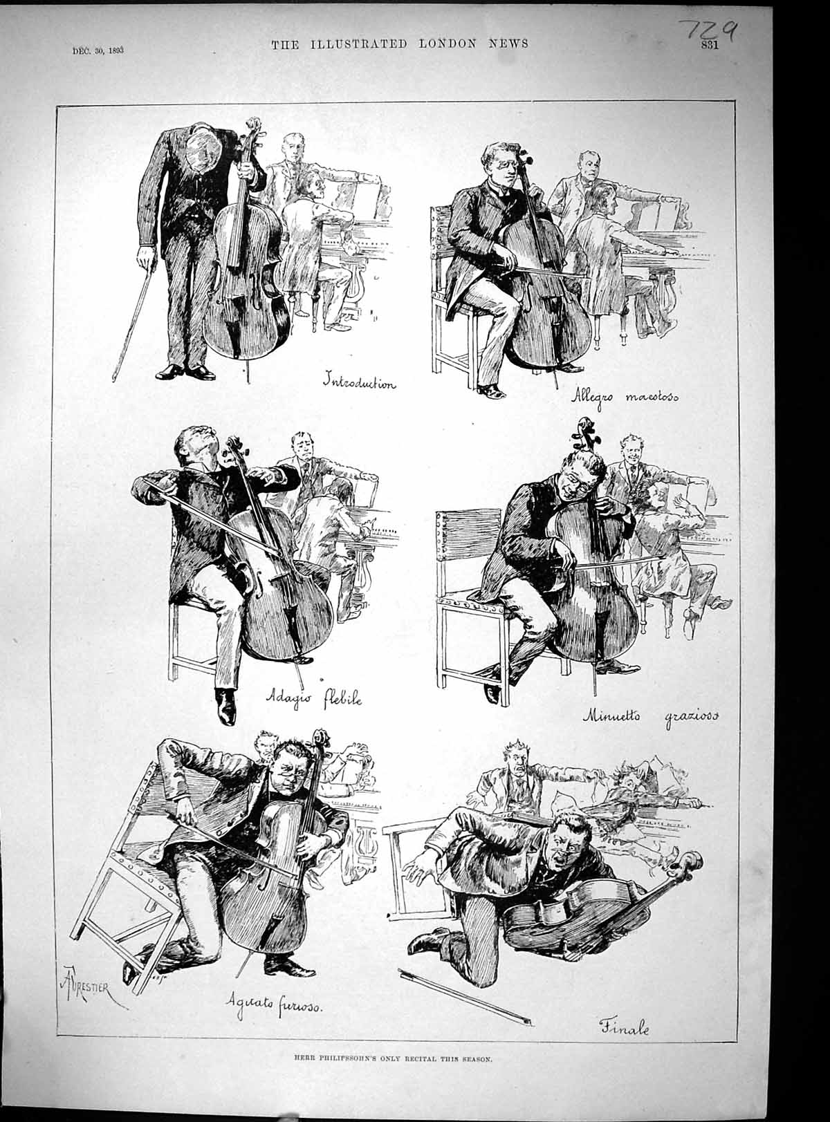 Original Old Antique Print 1893 Herr Philipssohn Music Recital Comedy Sketch