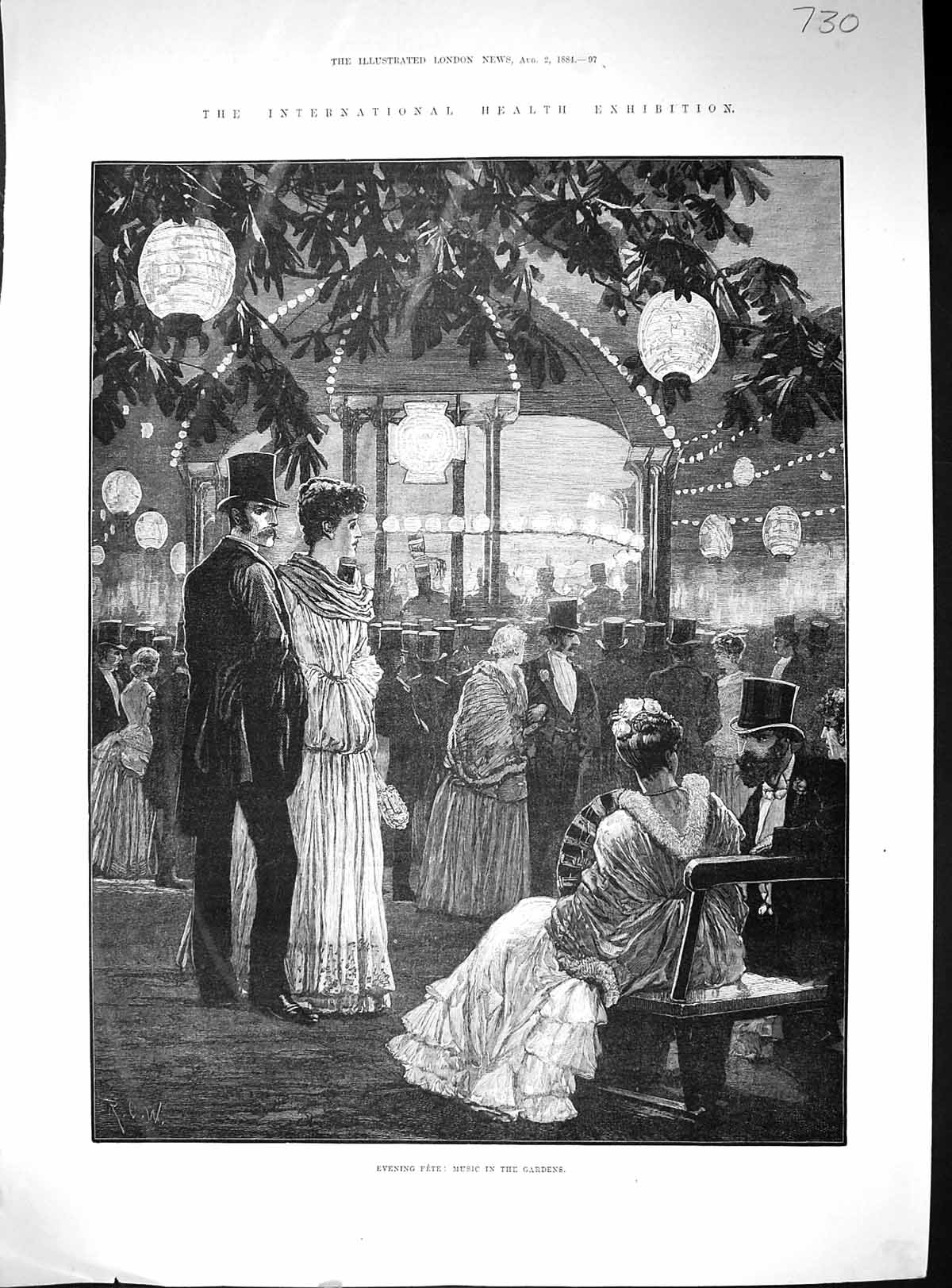 Old Print 1884 International Health Exhibition Evening Fete Music Garden 19th