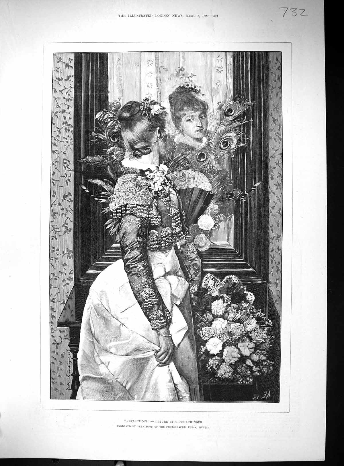Antique Print 1890 Beautiful Woman Flowers Reflections Mirror Schmachinger 19th