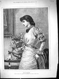 Original Old Antique Print 1883 Doubts Beautiful Woman Letter Flowers Brewtnall