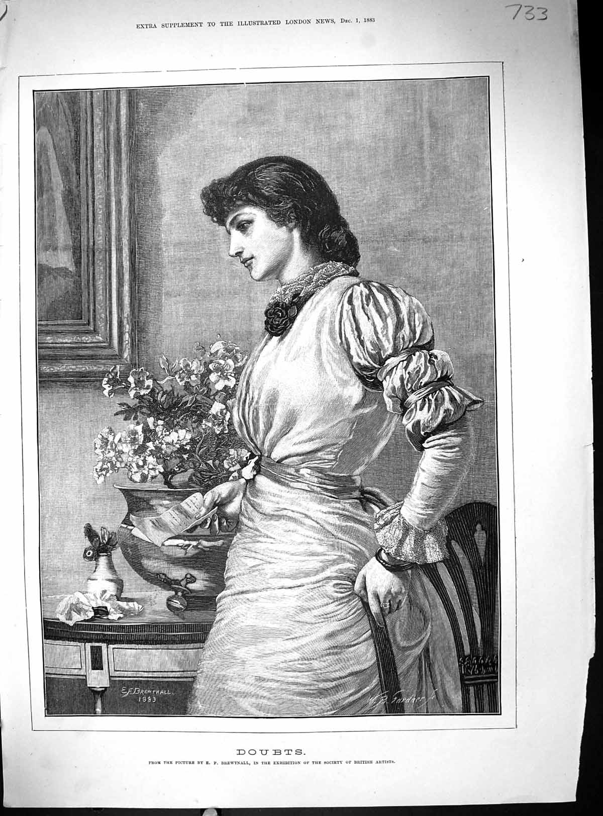 Original Old Antique Print 1883 Doubts Beautiful Woman Letter Flowers Brewtnall