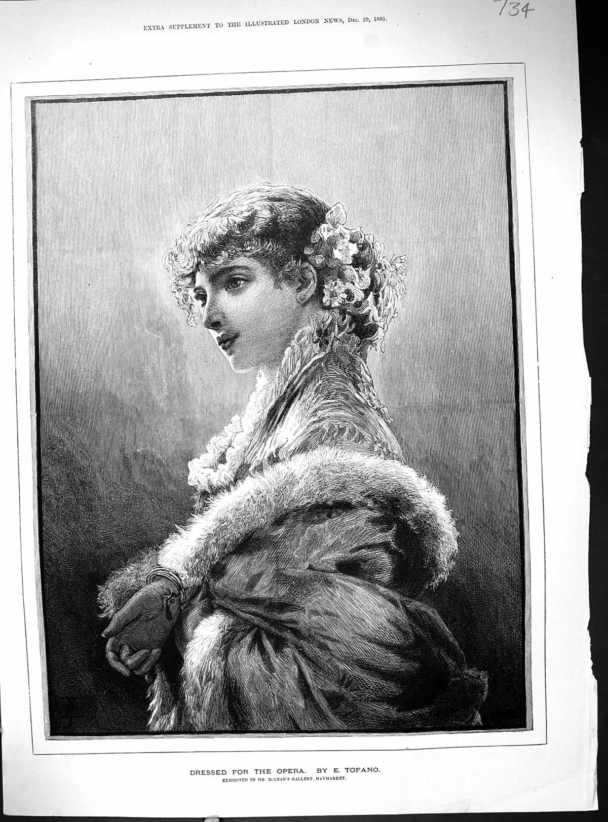 Original Old Antique Print 1883 Portrait Beautiful Woman Dressed Opera Tano