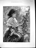 Old Antique Print 1883 Portrait Beautiful Woman Maid Kent Flowers Knowles 19th