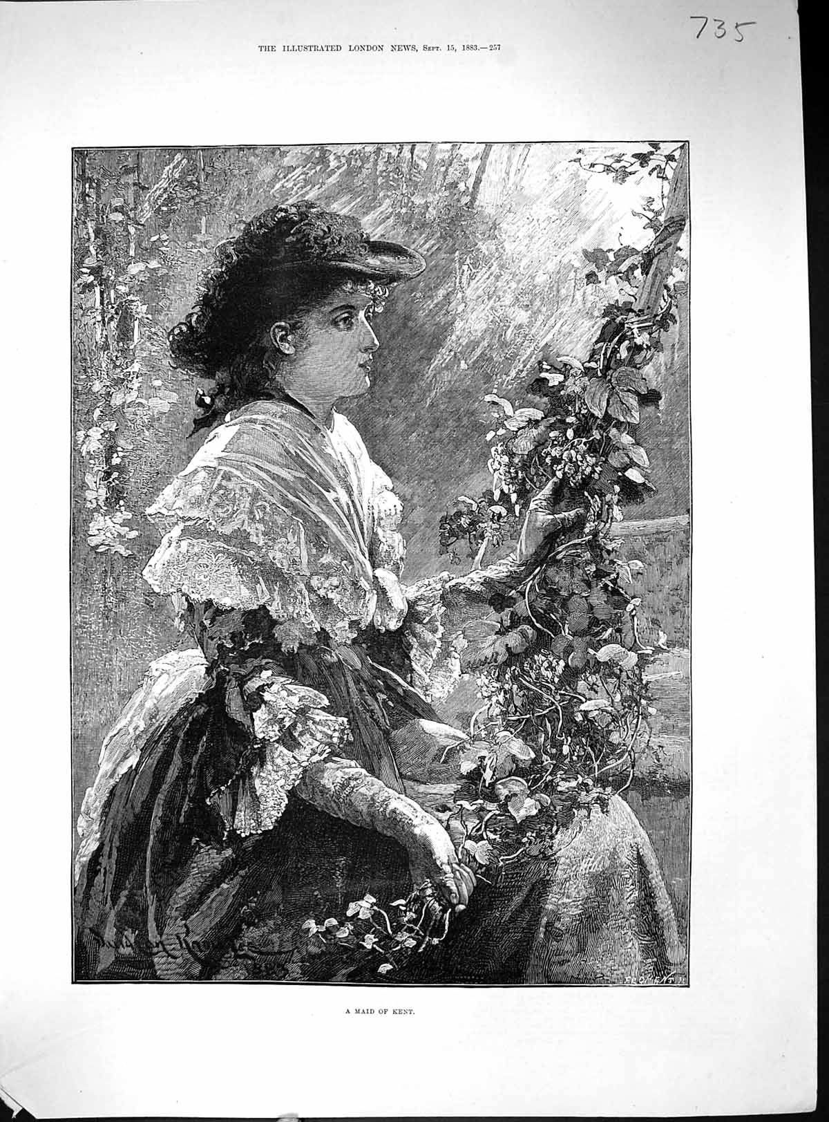 Old Antique Print 1883 Portrait Beautiful Woman Maid Kent Flowers Knowles 19th