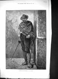 Original Old Antique Print 1877 Listening Footstep Man Sword Cloak Hat Duwee