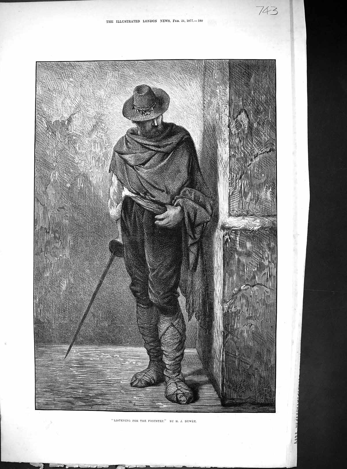 Original Old Antique Print 1877 Listening Footstep Man Sword Cloak Hat Duwee