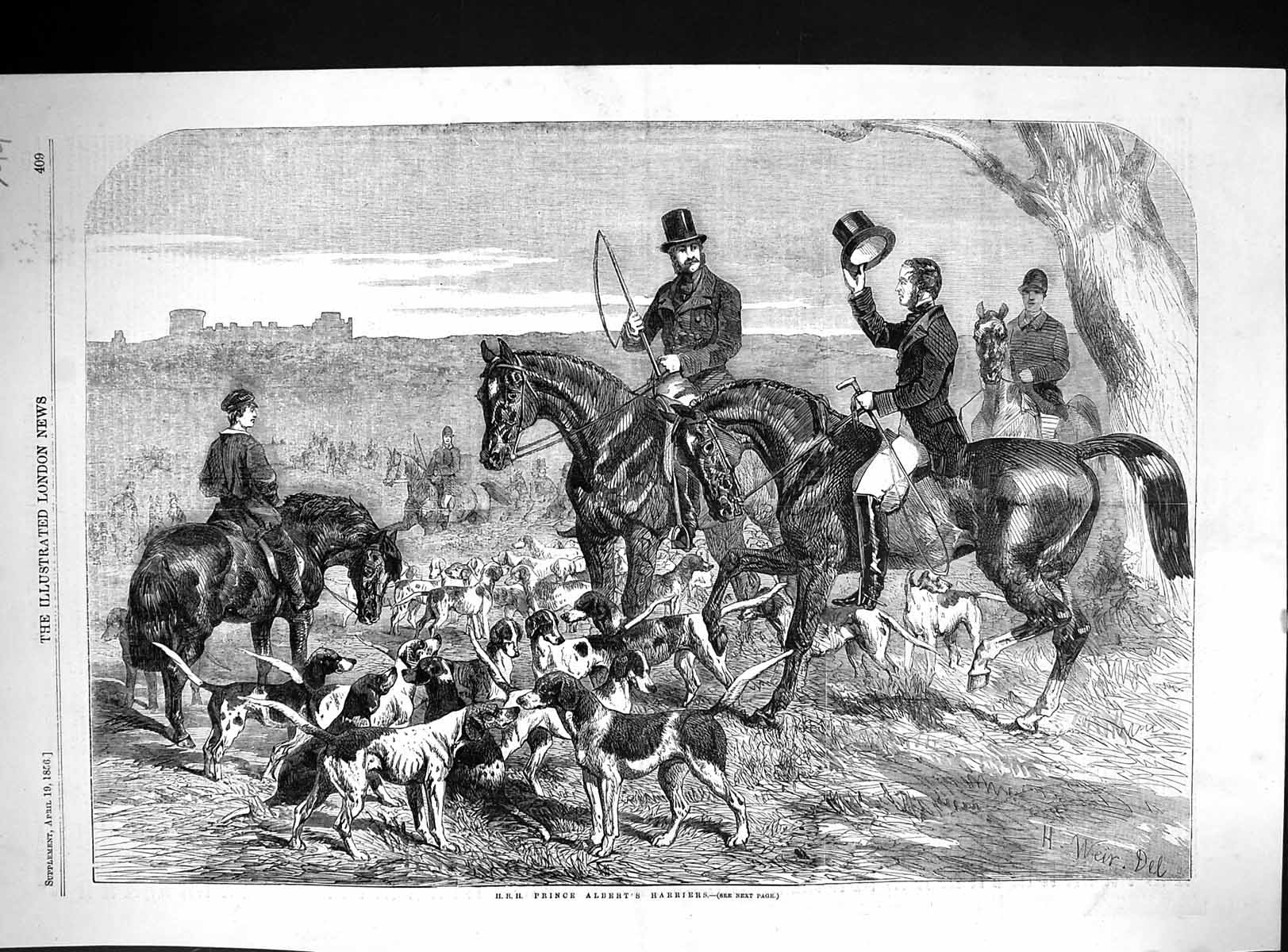 Antique Print 1856 H.R.H. Prince Albert Harriers Hounds Dogs Horses Hunting