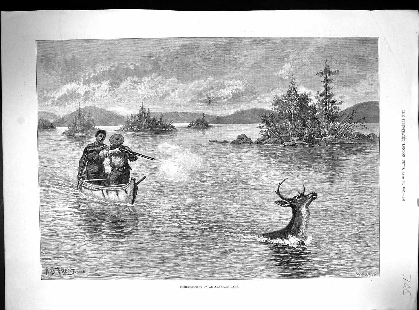 Old Antique Print Deer Shooting American Lake Hunting Men Boat Sport 1887 19th