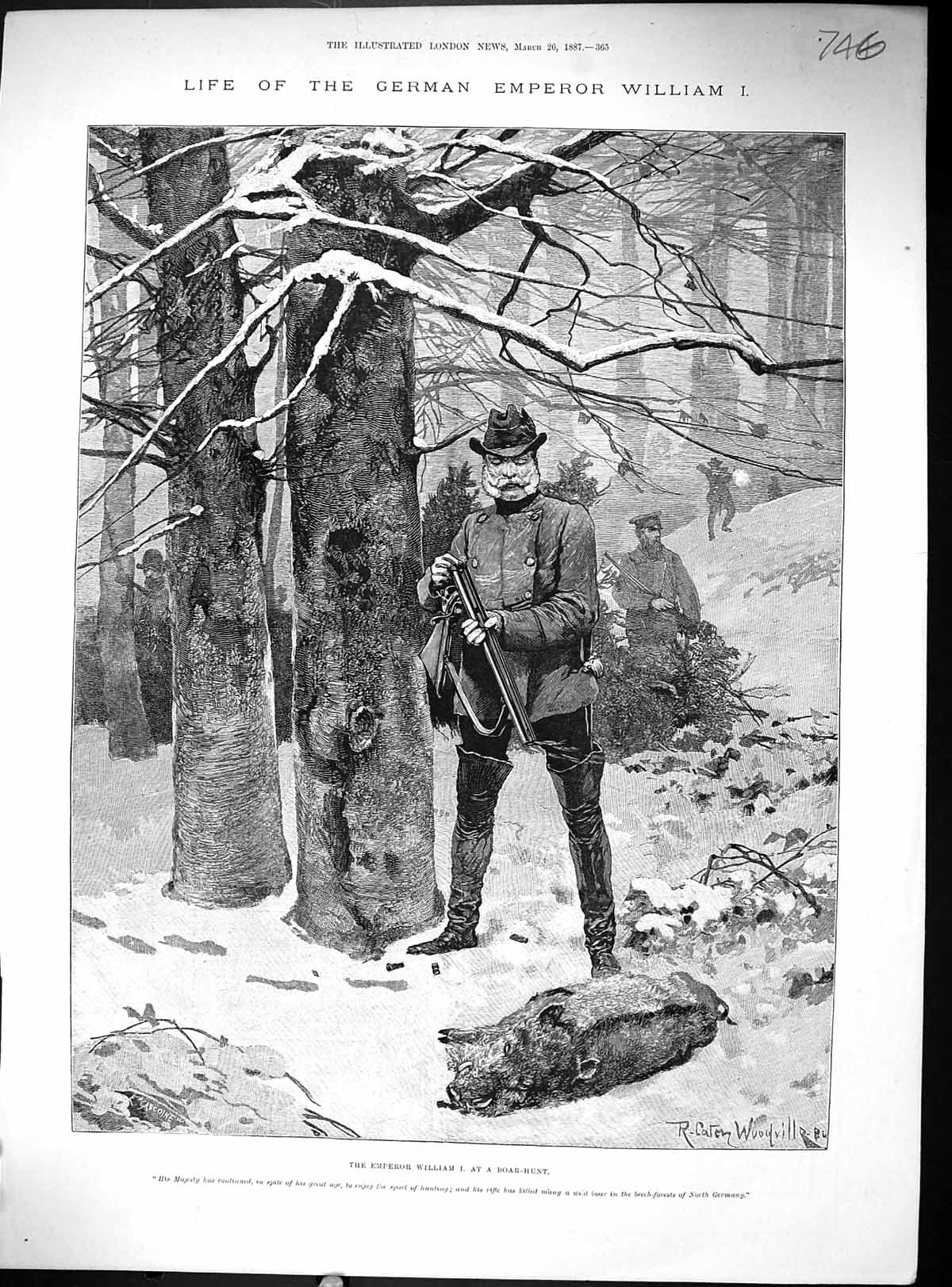 Old Antique Print German Emperor William I Boar Hunting Snow Forest 1887 19th