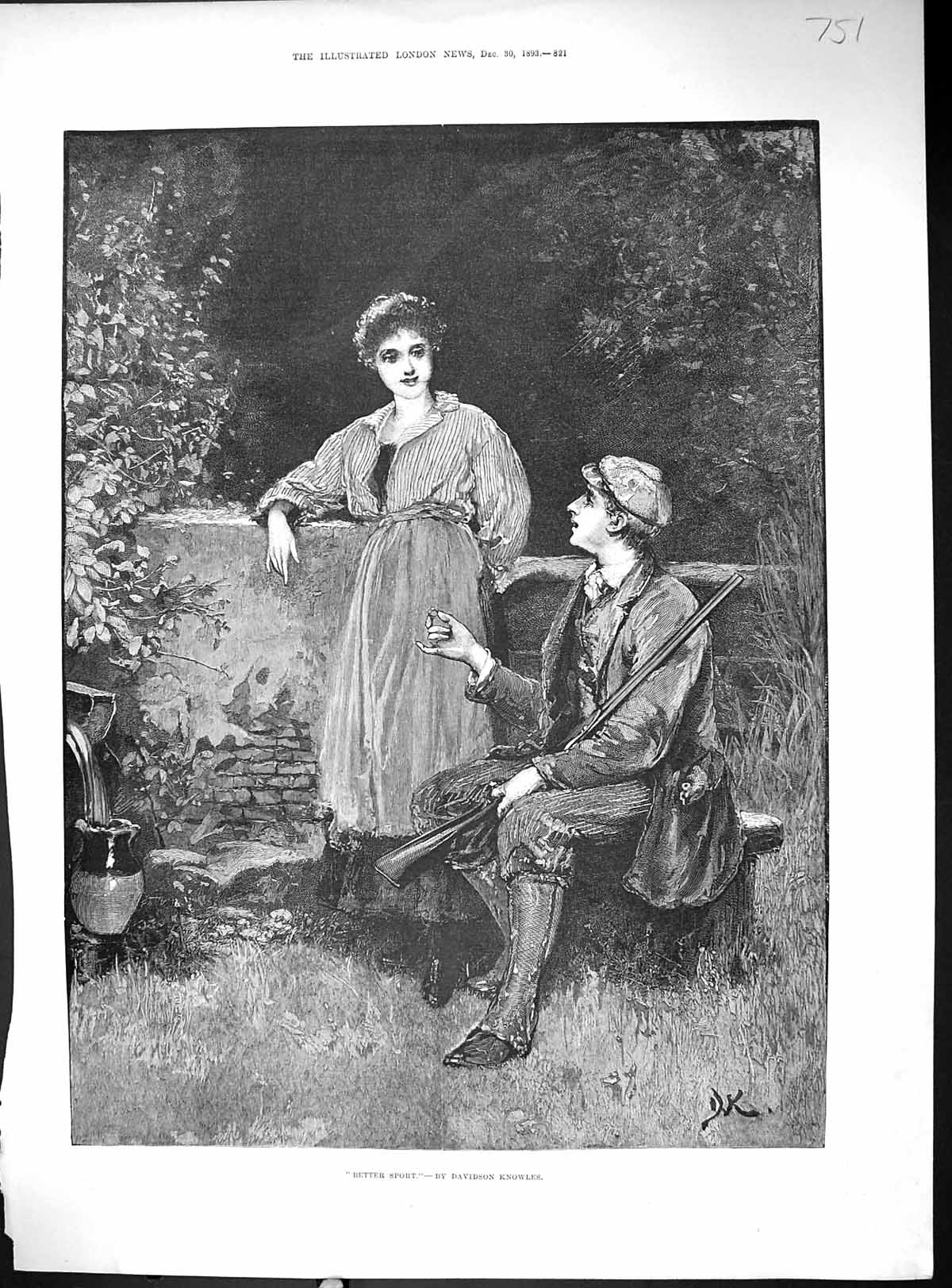 Antique Old Print 1893 Better Sport Man Lady Romance Gun Garden Scene Knowles