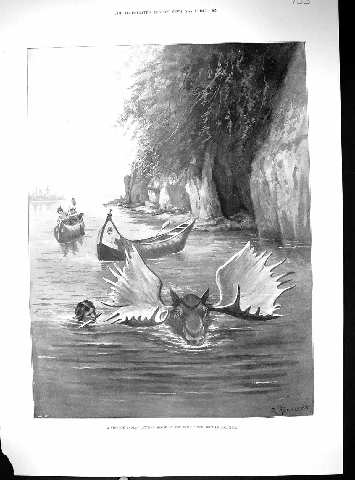 Antique Print 1899 Chinook Indian Hunting Moose Taku River British Columbia