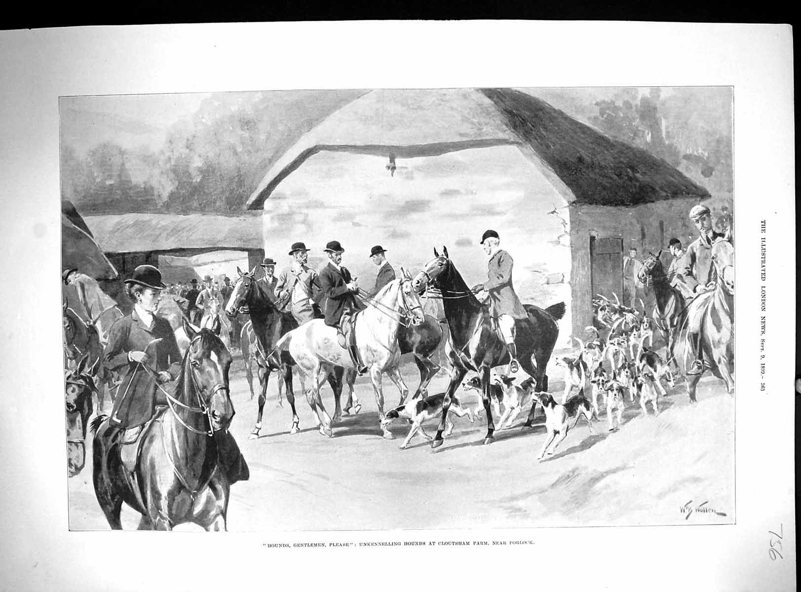 Antique Print 1899 Unkennelling Hounds Dogs Cloutsham Farm Porlock Hunting 19th