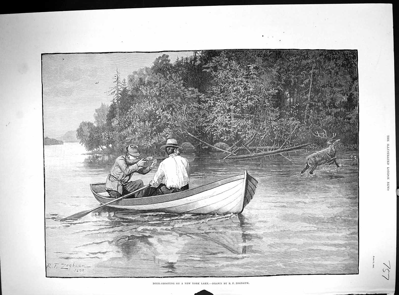 Antique Old Print 1885 Deer Shooting New York Lake America Hunting Zogbaum 19th