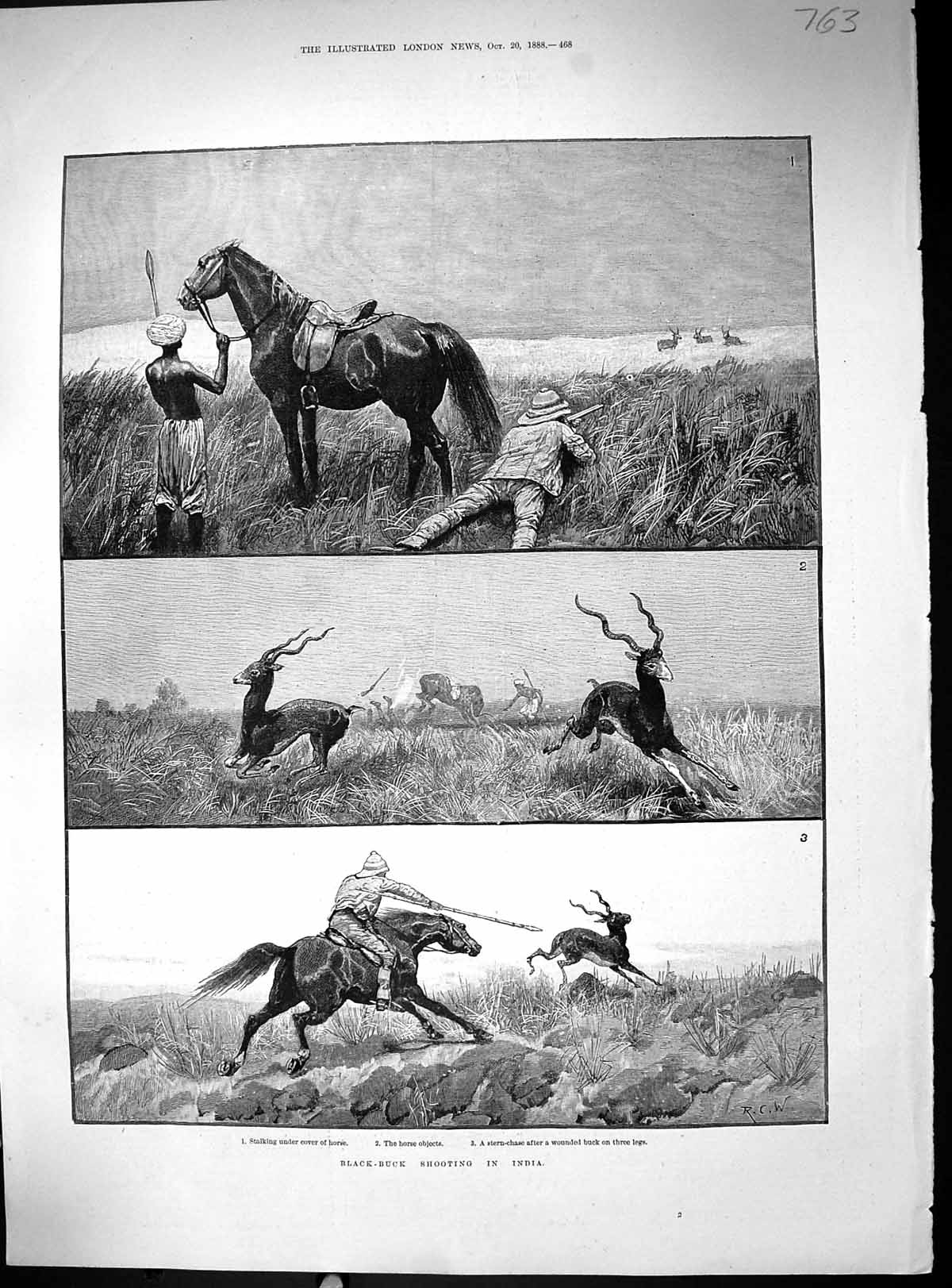 Old Print 1888 Black Buck Shooting India Stalking Hunting Horse Huntsman 19th