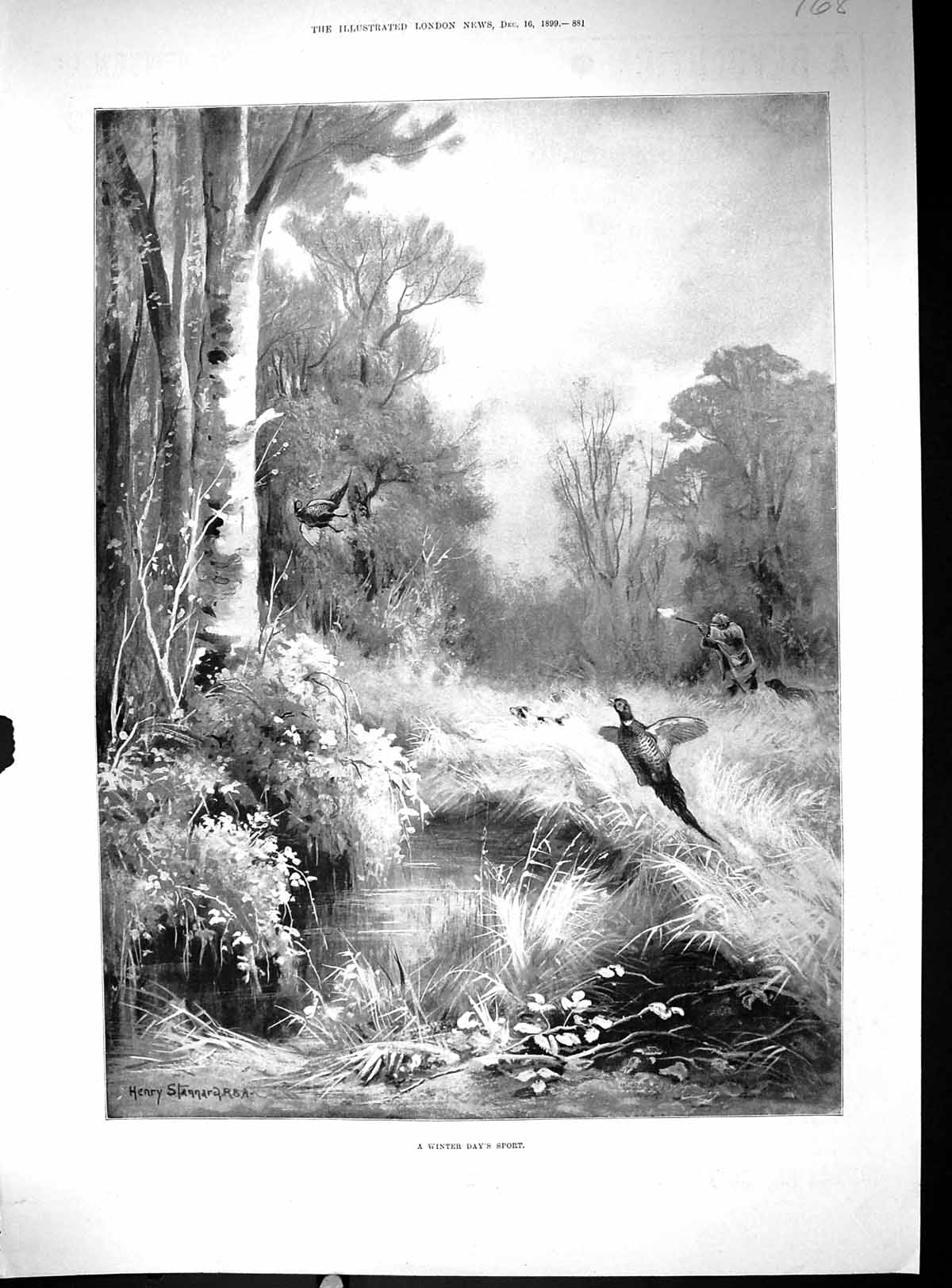 Old Antique Print 1899 Winter Sport Shooting Birds Man Gun Henry Stannard 19th