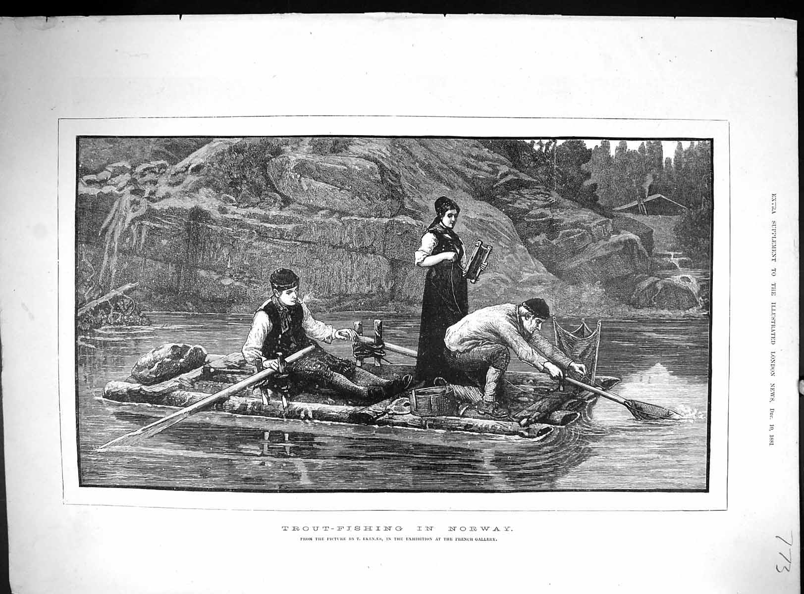Old Antique Print 1881 Trout Fishing Norway Sport River Boat Nets Ekenaes 19th