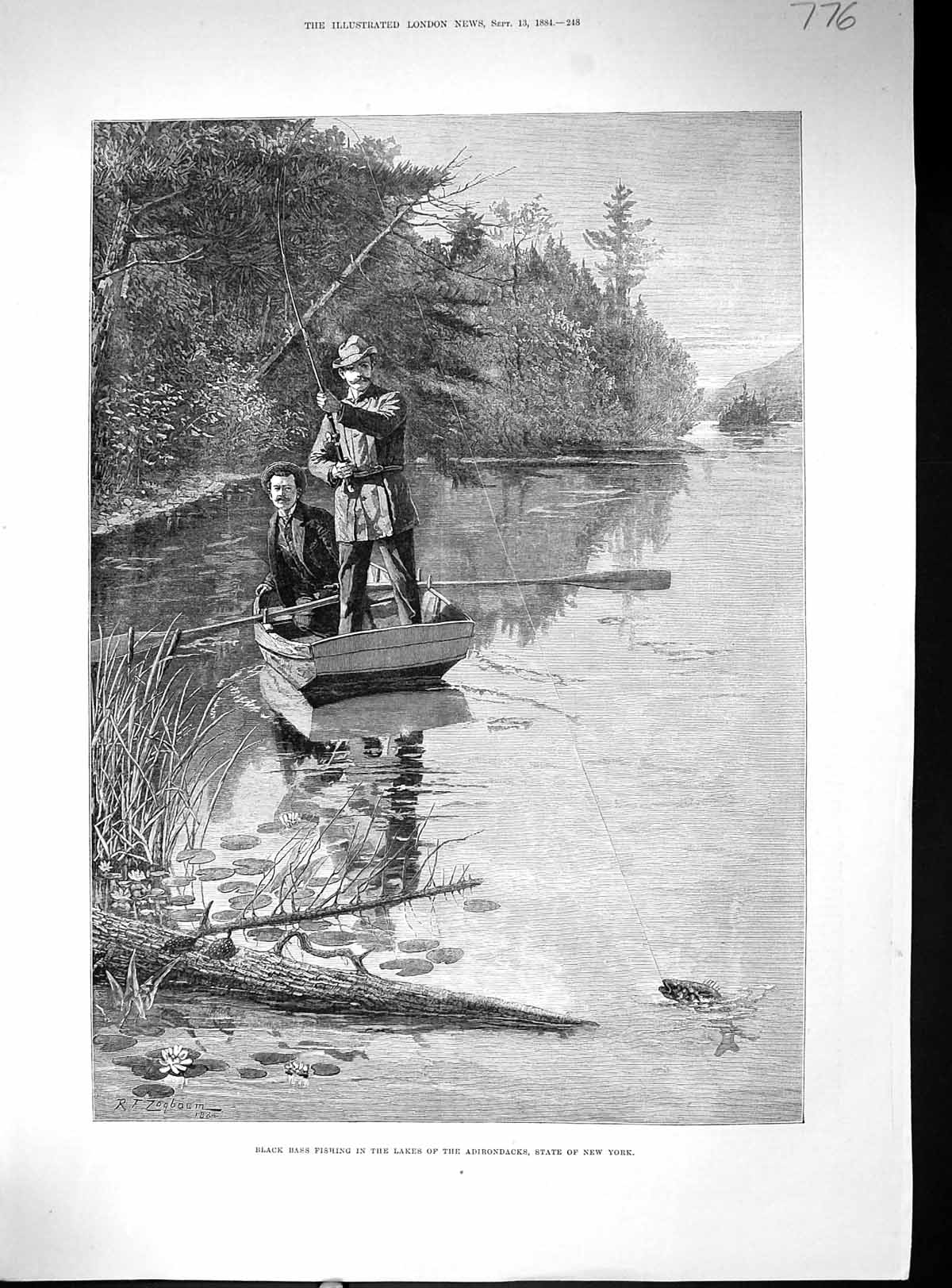 Old Print Black Bass Fishing Lakes Adirondacks New York America Fish 1884 19th