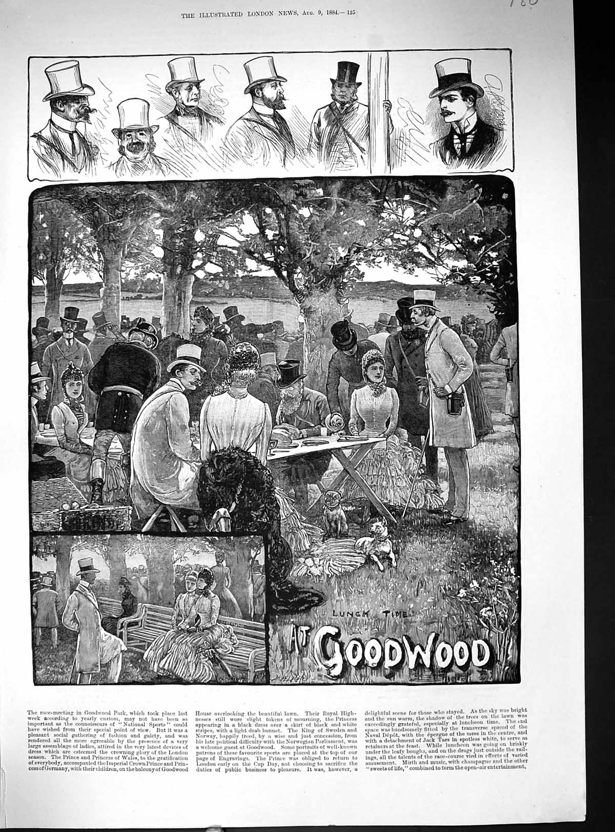 Original Old Antique Print 1884 Goodwood Horse Racing Sport Lunch Time Picnic