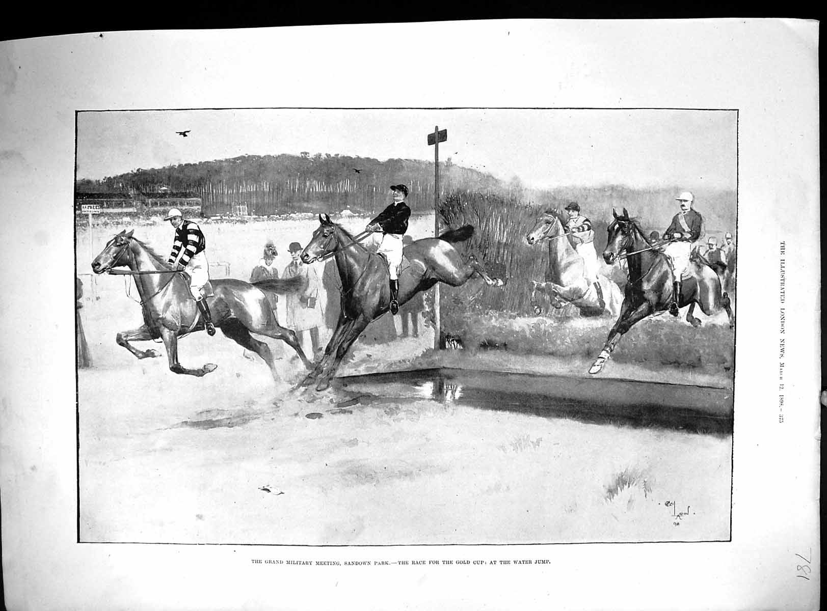 Antique Print 1898 Grand Military Meeting Sandown Park GCup Water Jump Hors
