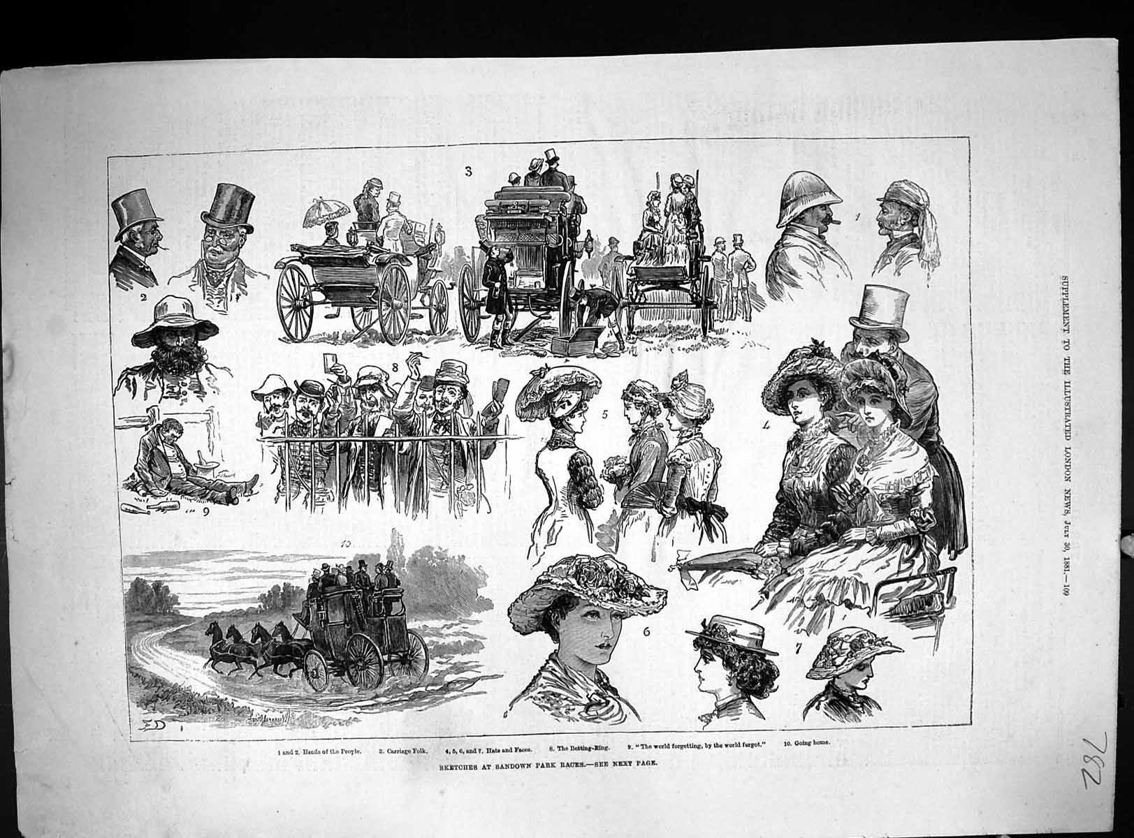Original Old Antique Print 1881 Sandown Park Horse Racing Ladies Fashion Sport