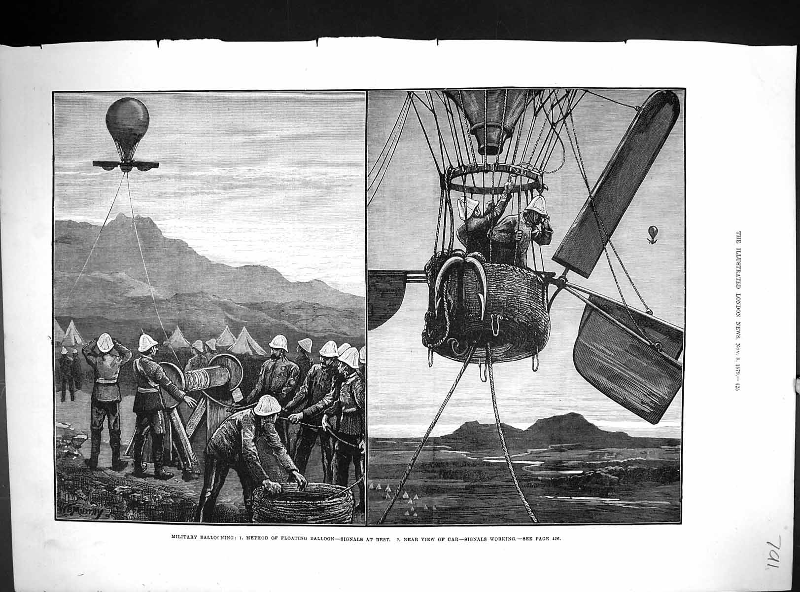 Antique Print 1879 Military Ballooning Method Floating Balloon Car Signals 19th