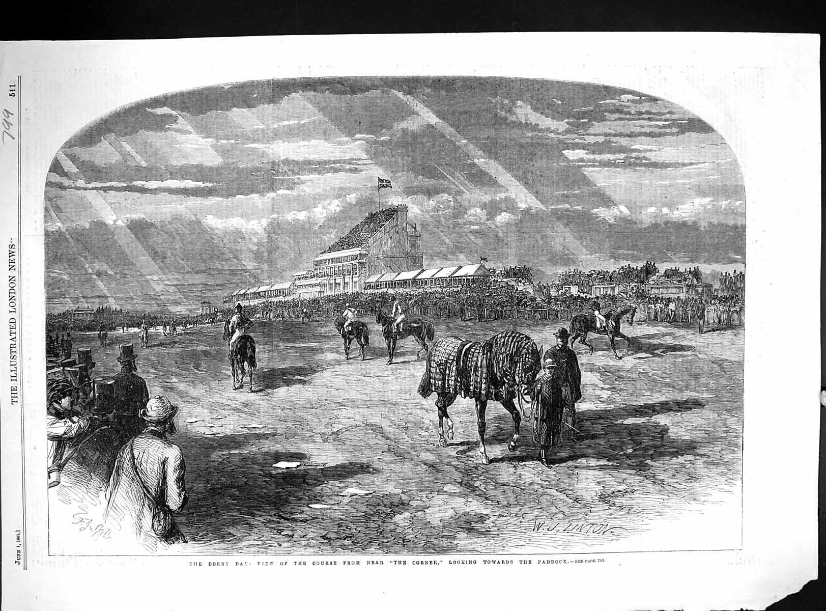Original Old Antique Print 1861 Derby Horse Racing Course Corner Paddock Sport