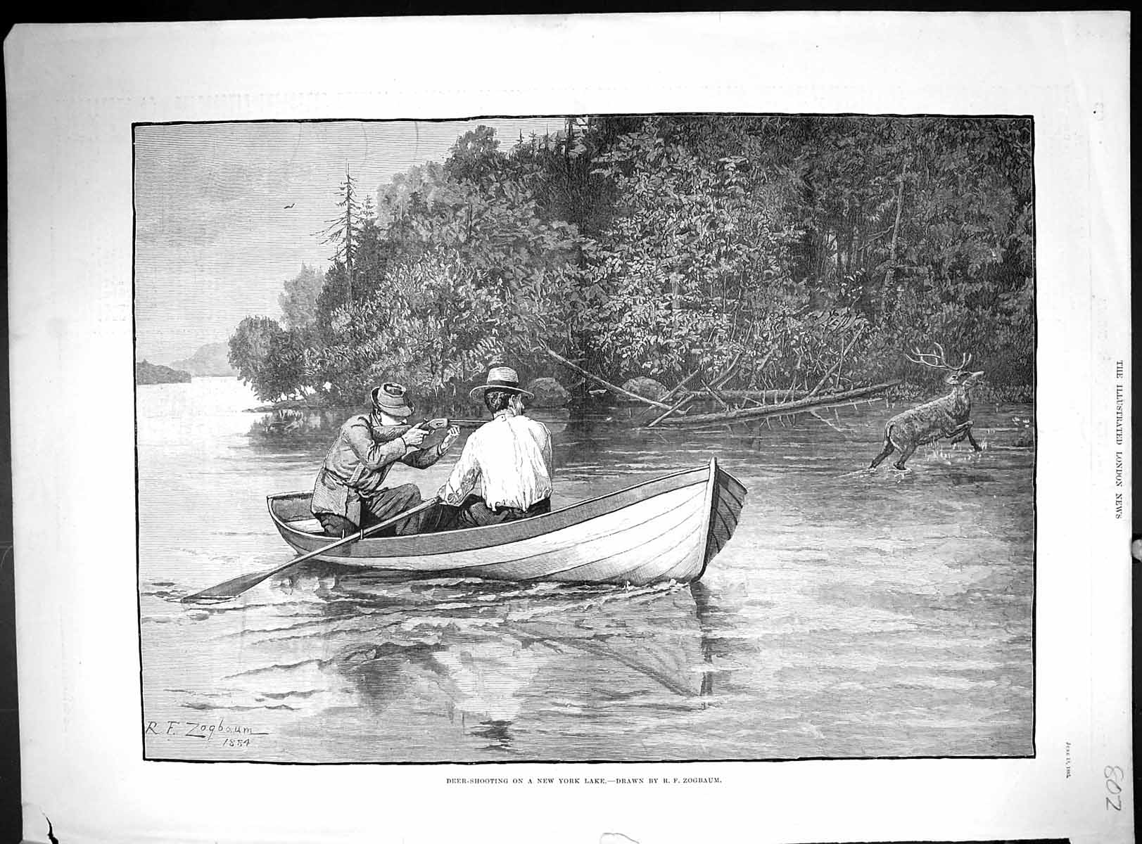 Antique Old Print Deer Shooting New York Lake America Hunting Men Boat 1885