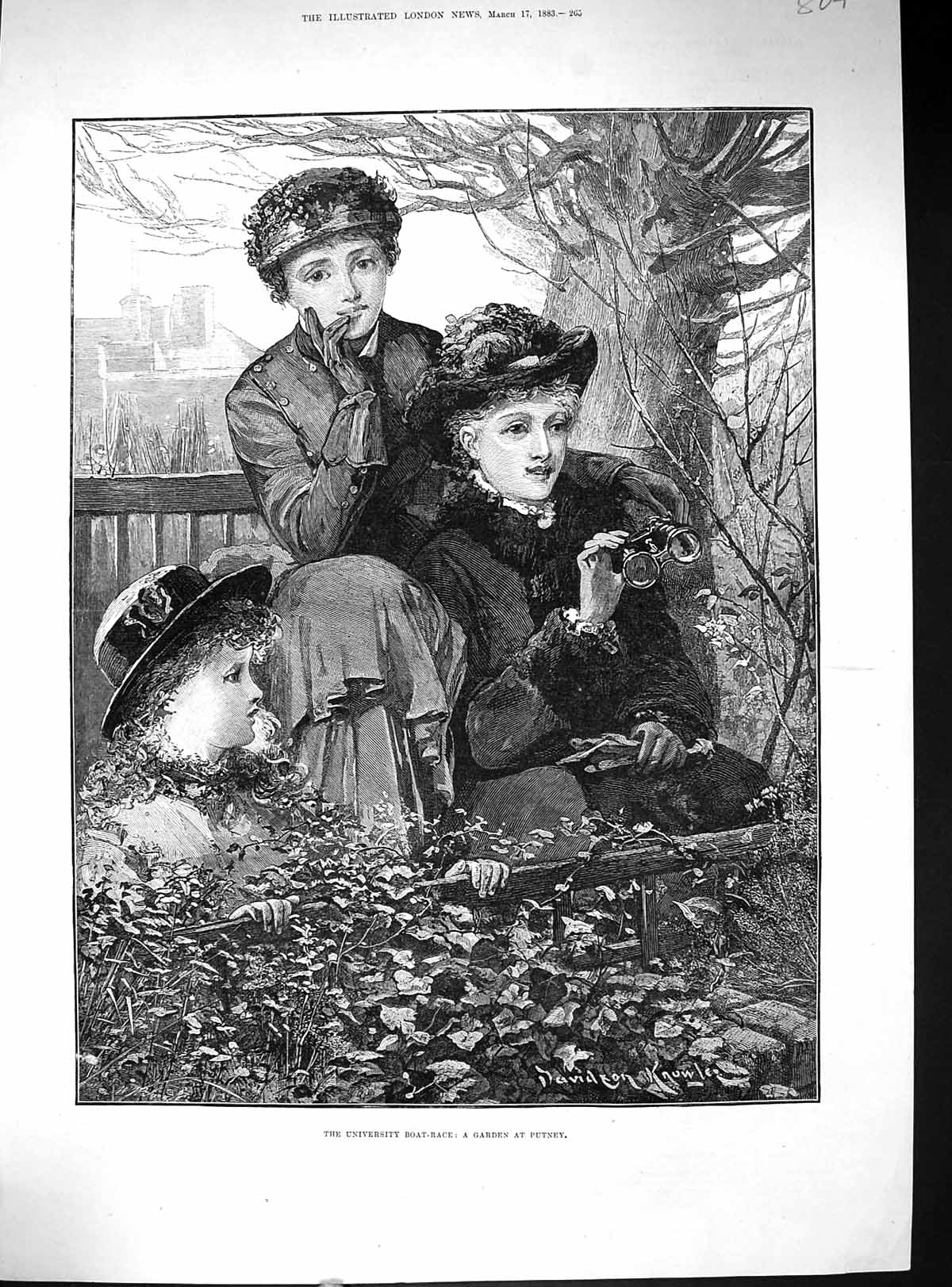 Old Print 1883 University Boat Race Garden Scene Putney Davidson Knowles 19th