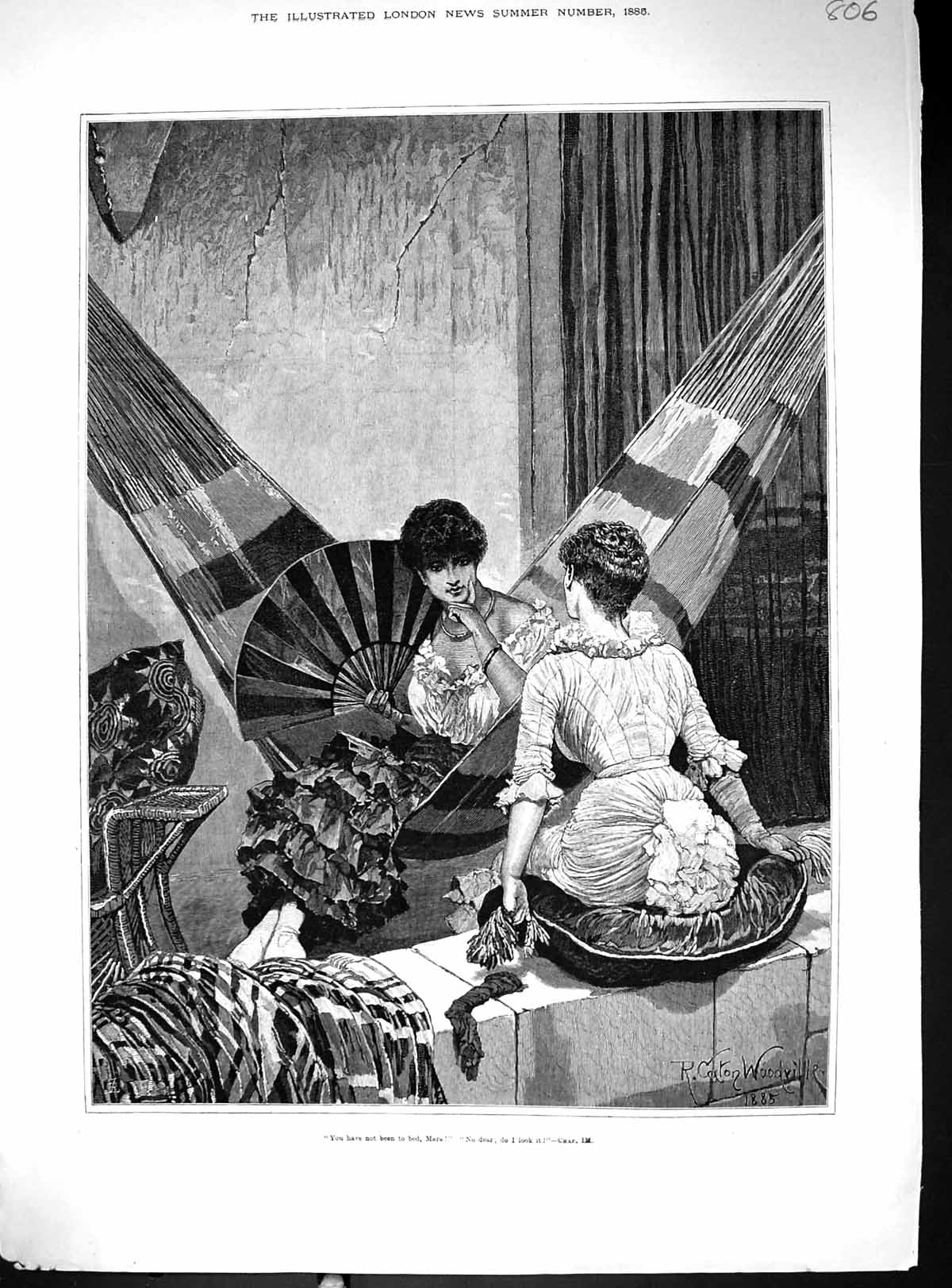Antique Old Print 1885 Beautiful Women Sitting Hammock Fans Canton Woodville