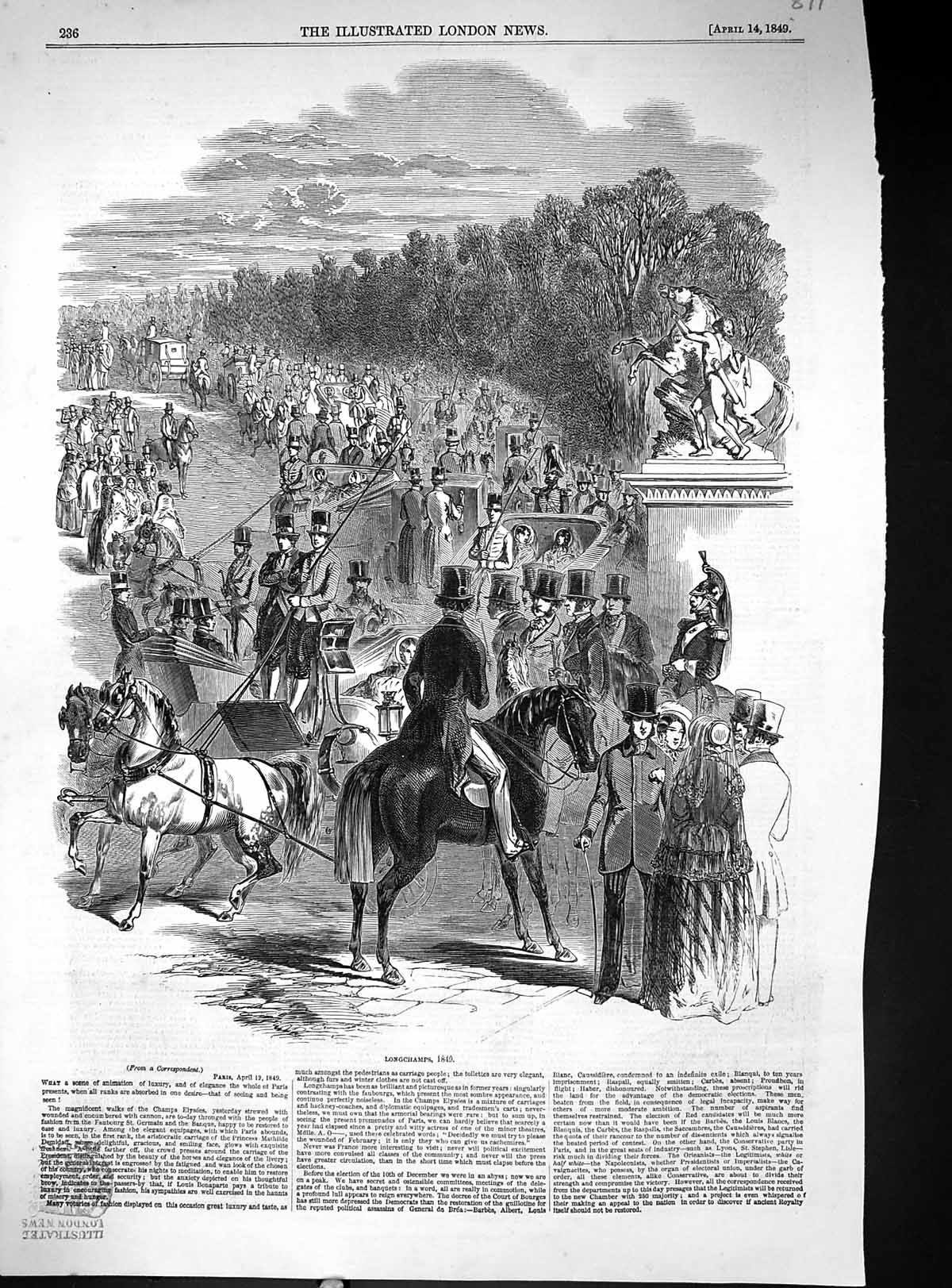 Original Old Antique Print 1849 Longchamps Horse Racing Sport Spectators France