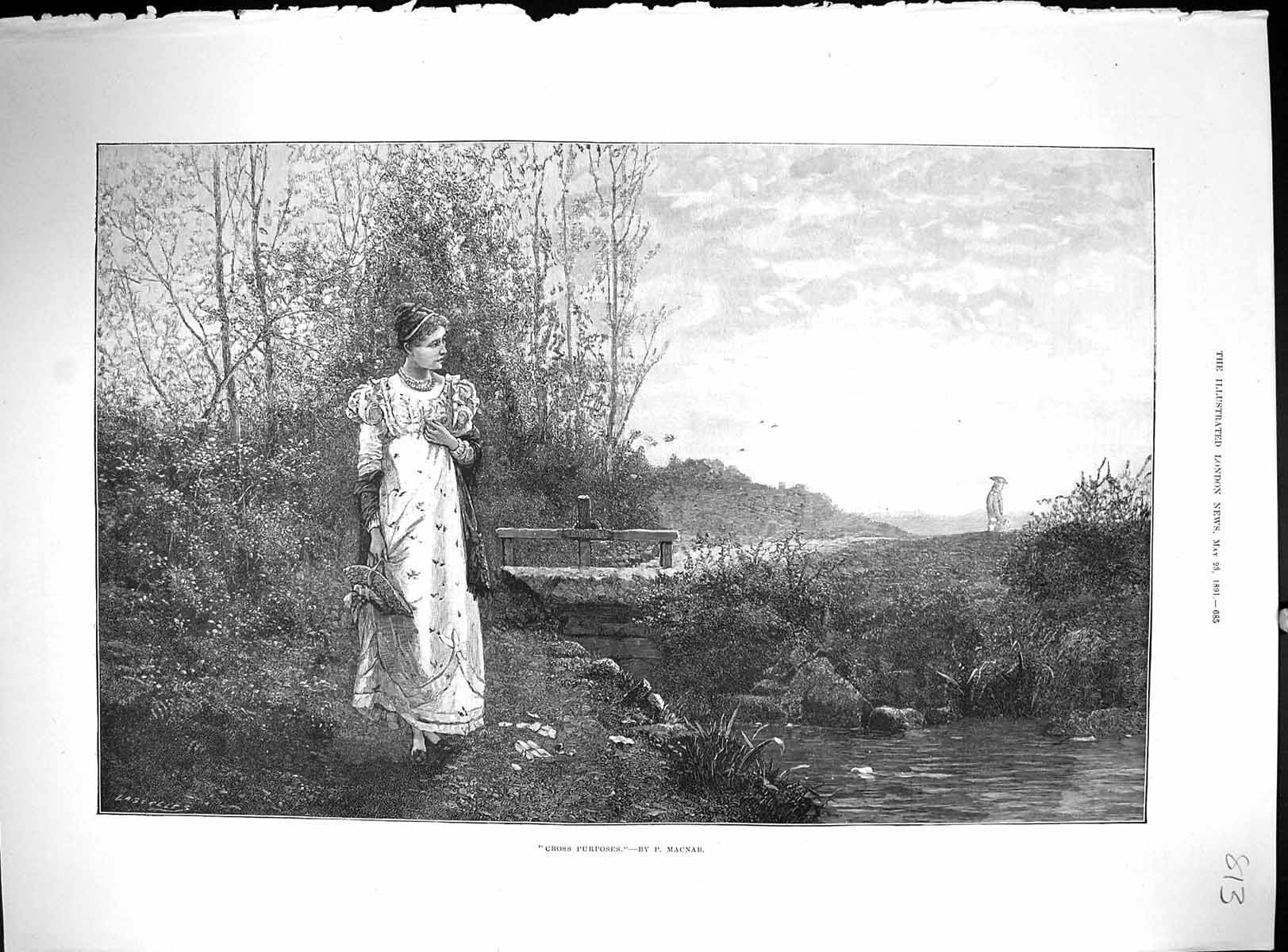 Old Antique Print 1891 Cross Purposes Young Lady Man River Bridge Macnab 19th