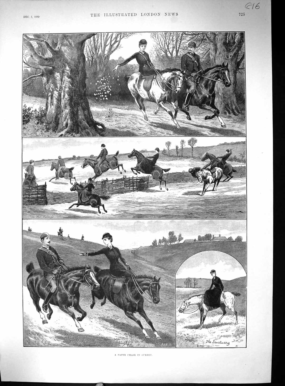 Antique Old Print Paper Chase Surrey England Sport Horses Jumping Fence 1889