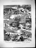 Original Old Antique Print 1883 Day Fishing River Teign Angling Sport Anglers