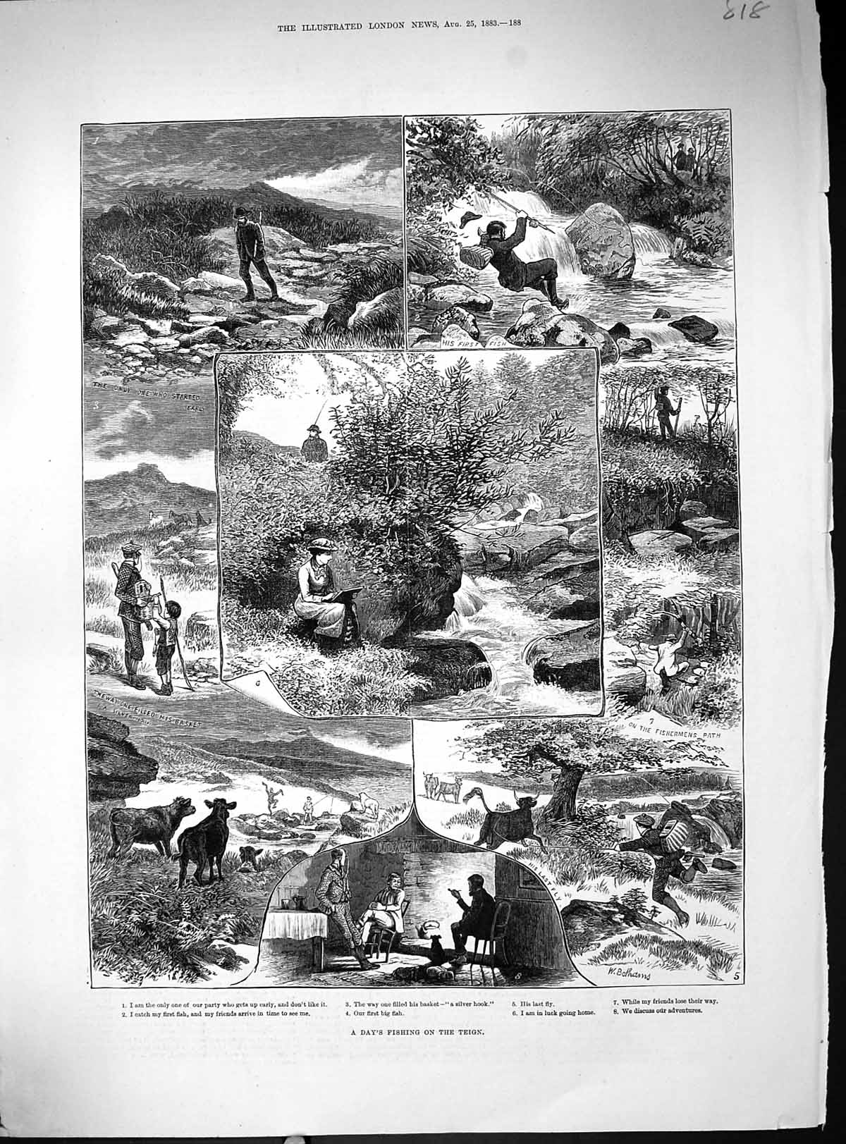 Original Old Antique Print 1883 Day Fishing River Teign Angling Sport Anglers