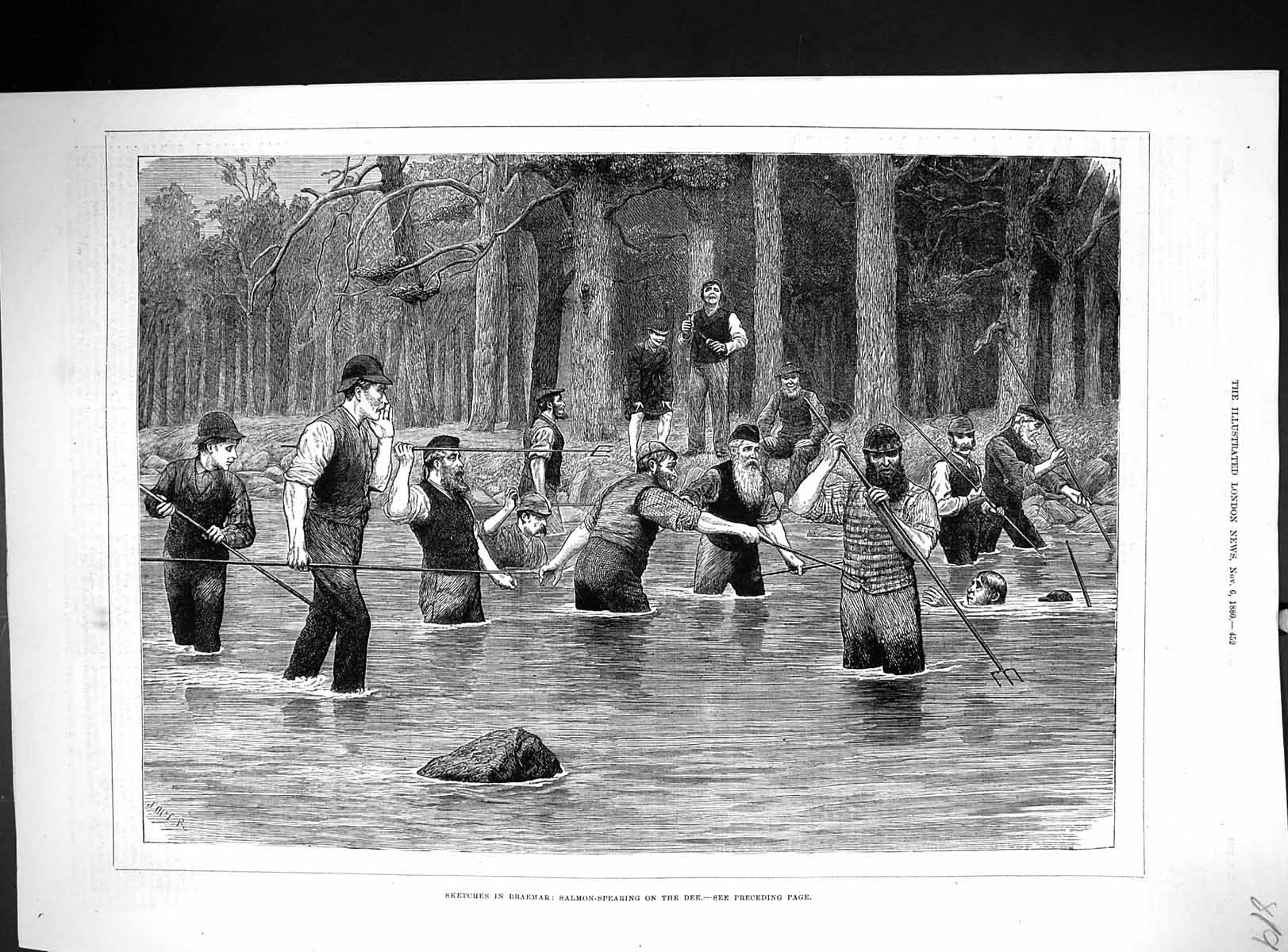 Old Antique Print 1880 Braemar Salmon Spearing Fishing River Dee Scotland 19th