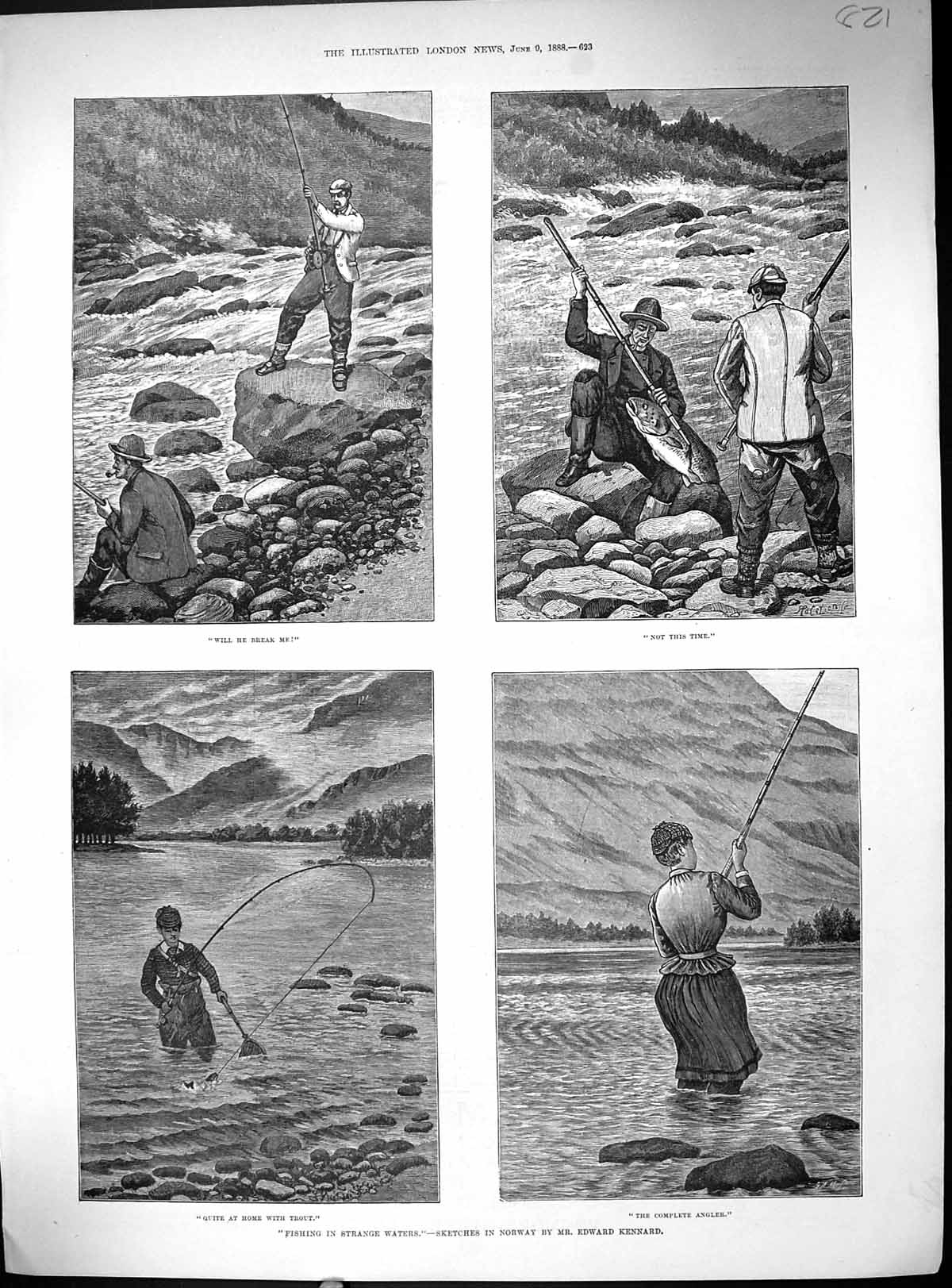 Antique Print 1888 Fishing Strange Waters Norway Trout Angler Sport Kennard