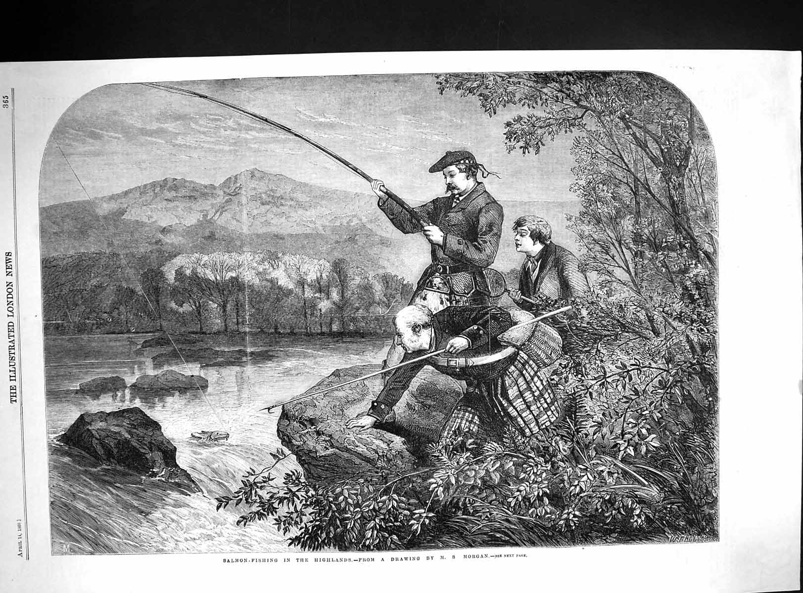 Old 1860 Salmon Fishing Scotland Highlands River Angling Anglers Fish Victorian