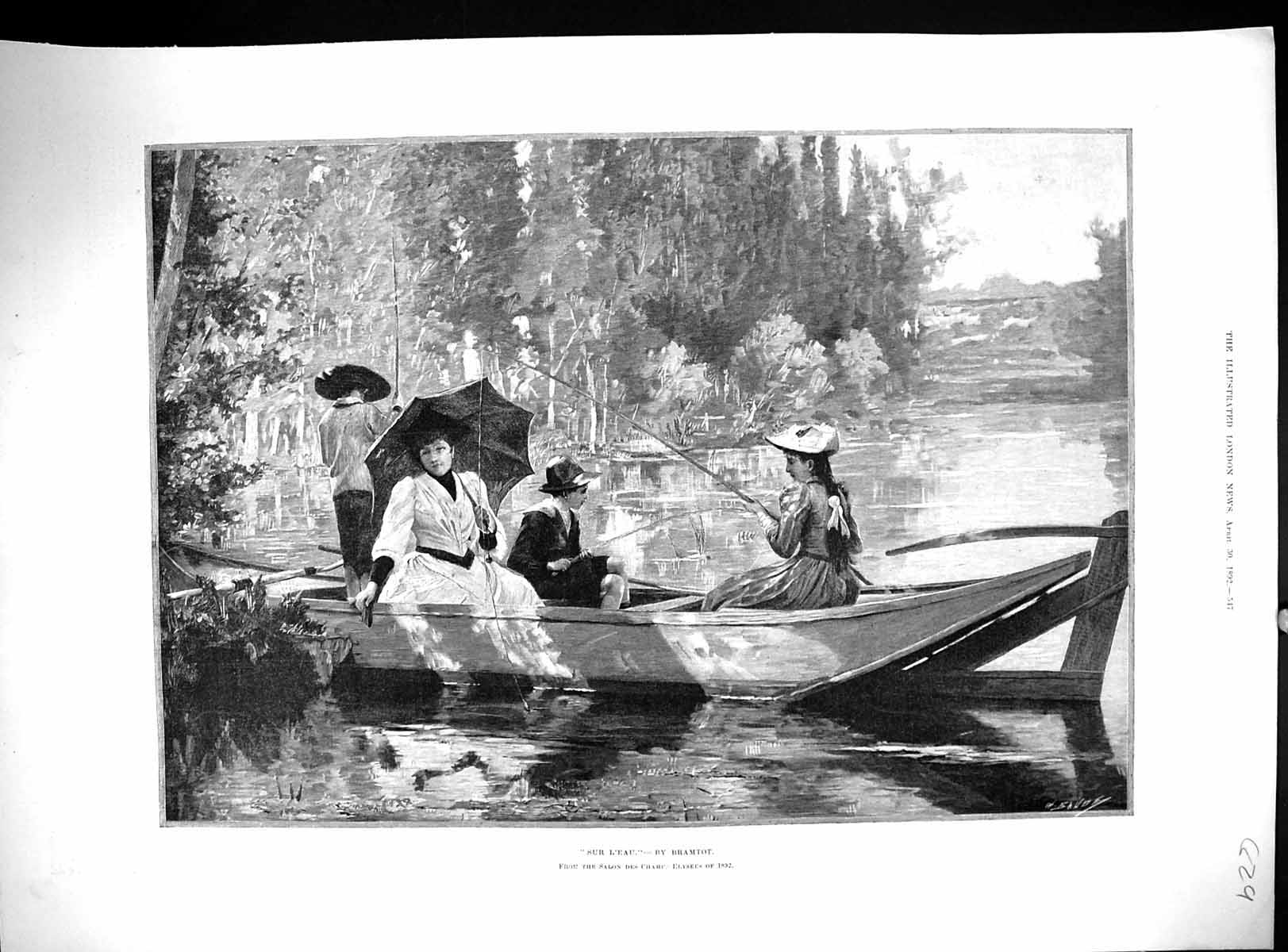 Old Print 1892 Sur L'Eau Fishing River Boat Mother Children Sport Elysees 19th