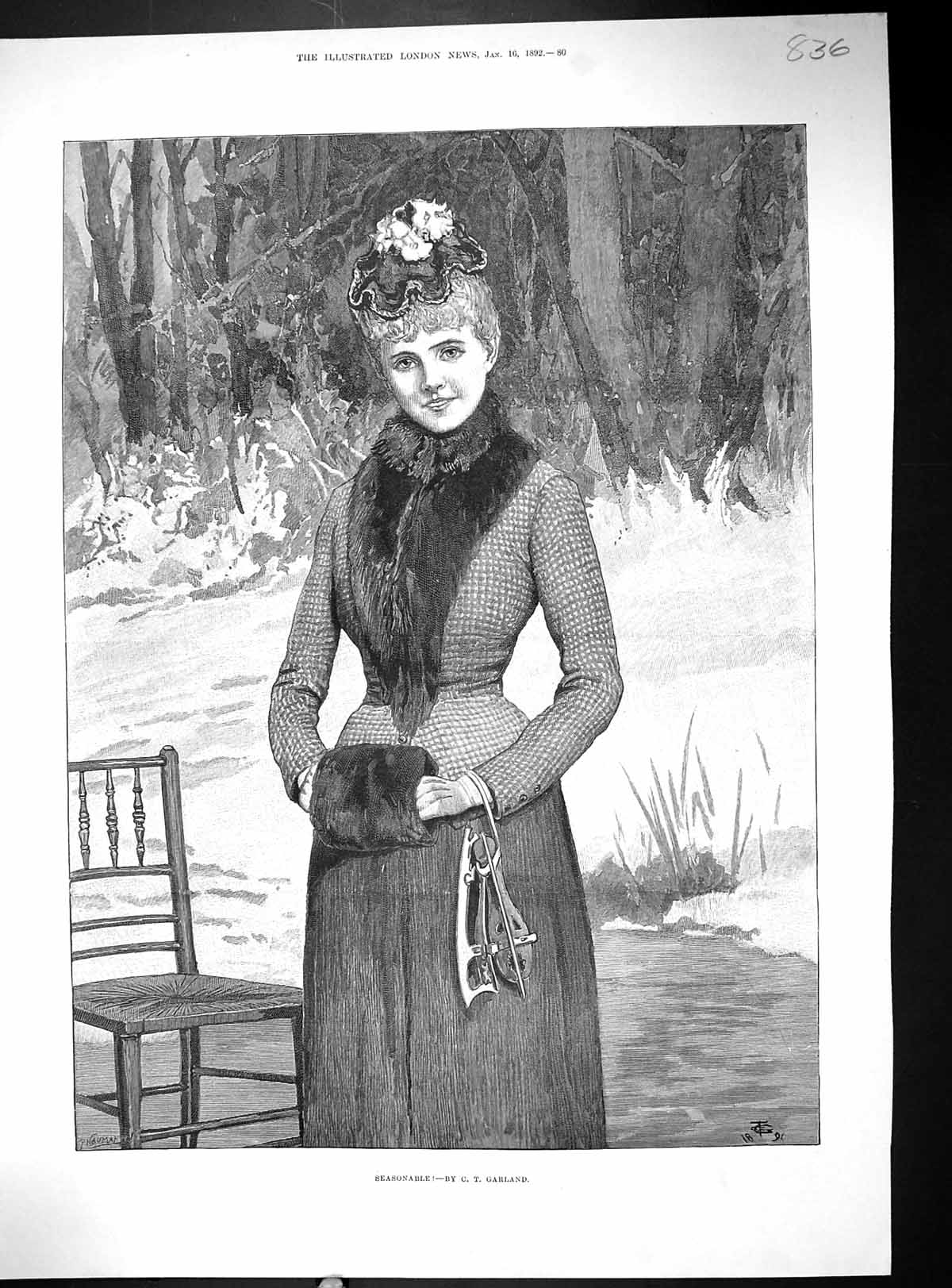 Old Beautiful Woman Winter Fashion Ice Skating Seasonable Garland 189 Victorian